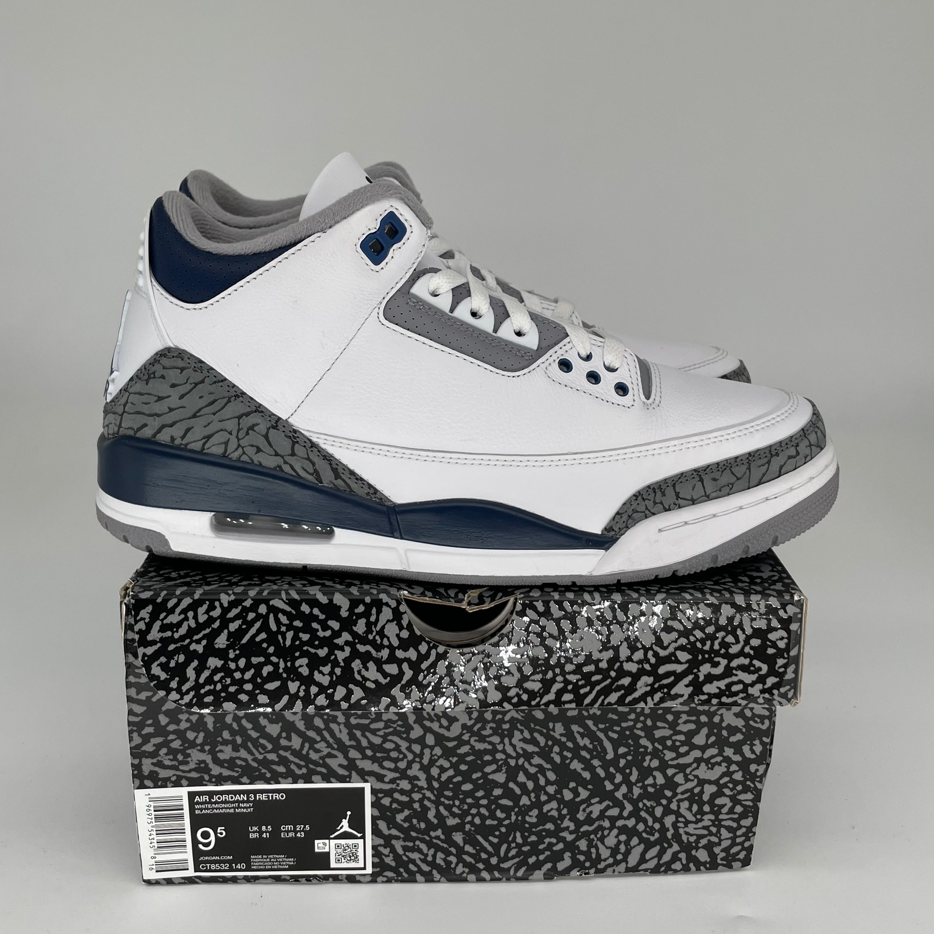 AIR JORDAN 3 MIDNIGHT NAVY Men's Basketball Shoes - Size 9.5 (CT8532-140) | Retro Sneakers for Casual Wear, Street Fashion & Sports Performance