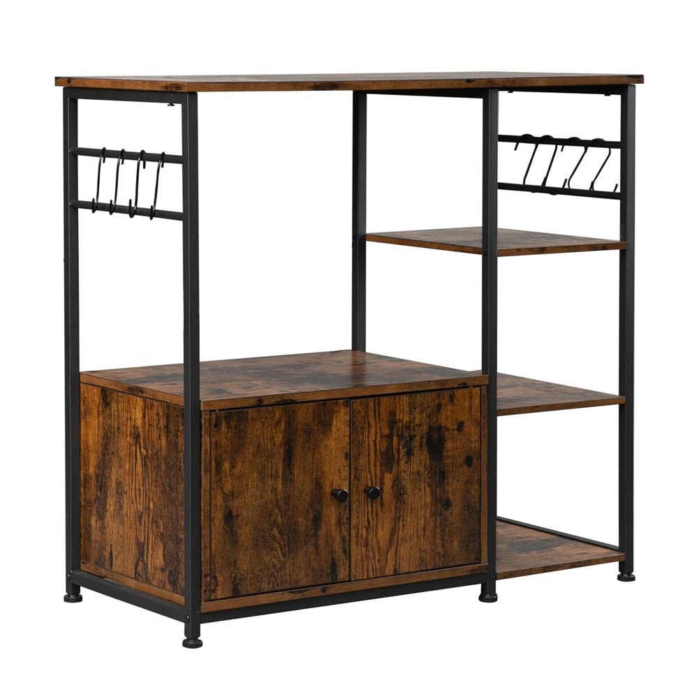 Rustic Brown 4-Tier Industrial Kitchen Storage Cabinet with 8 S-Hooks - Microwave Stand, Utility Shelf for Kitchen & Dining Room - Perfect for Small Spaces, Pantry Organization & Countertop Appliance Storage