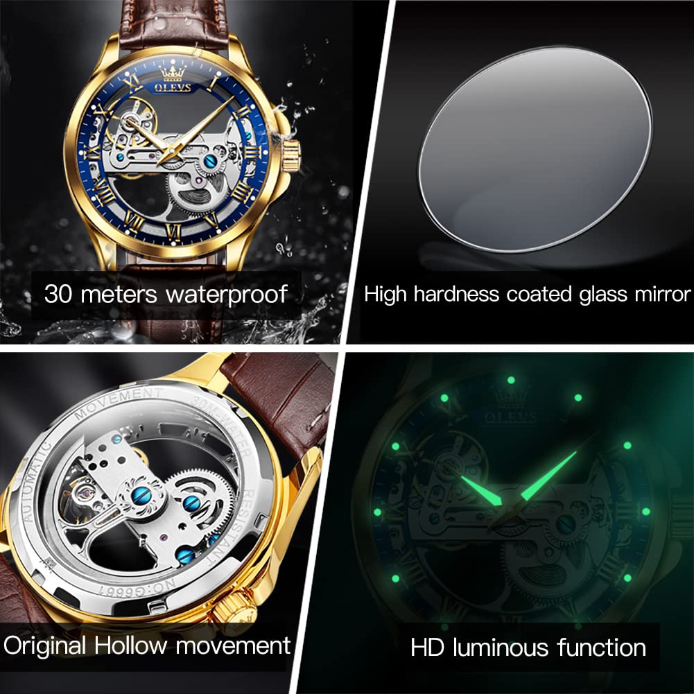 OLEVS Men's Automatic Skeleton Watch - Self-Winding Mechanical Dress Watch with Genuine Leather Strap, Waterproof & Luminous - Luxury Wristwatch for Business, Formal Events & Everyday Wear
