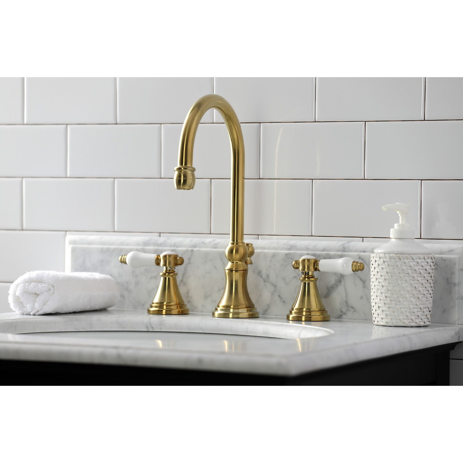 Bel Air KS2987BPL Brushed Brass Widespread Bathroom Faucet - 2 Handle 3 Hole Deck Mount with Pop Up Drain - Perfect for Modern Bathroom Vanities and Sink Upgrades