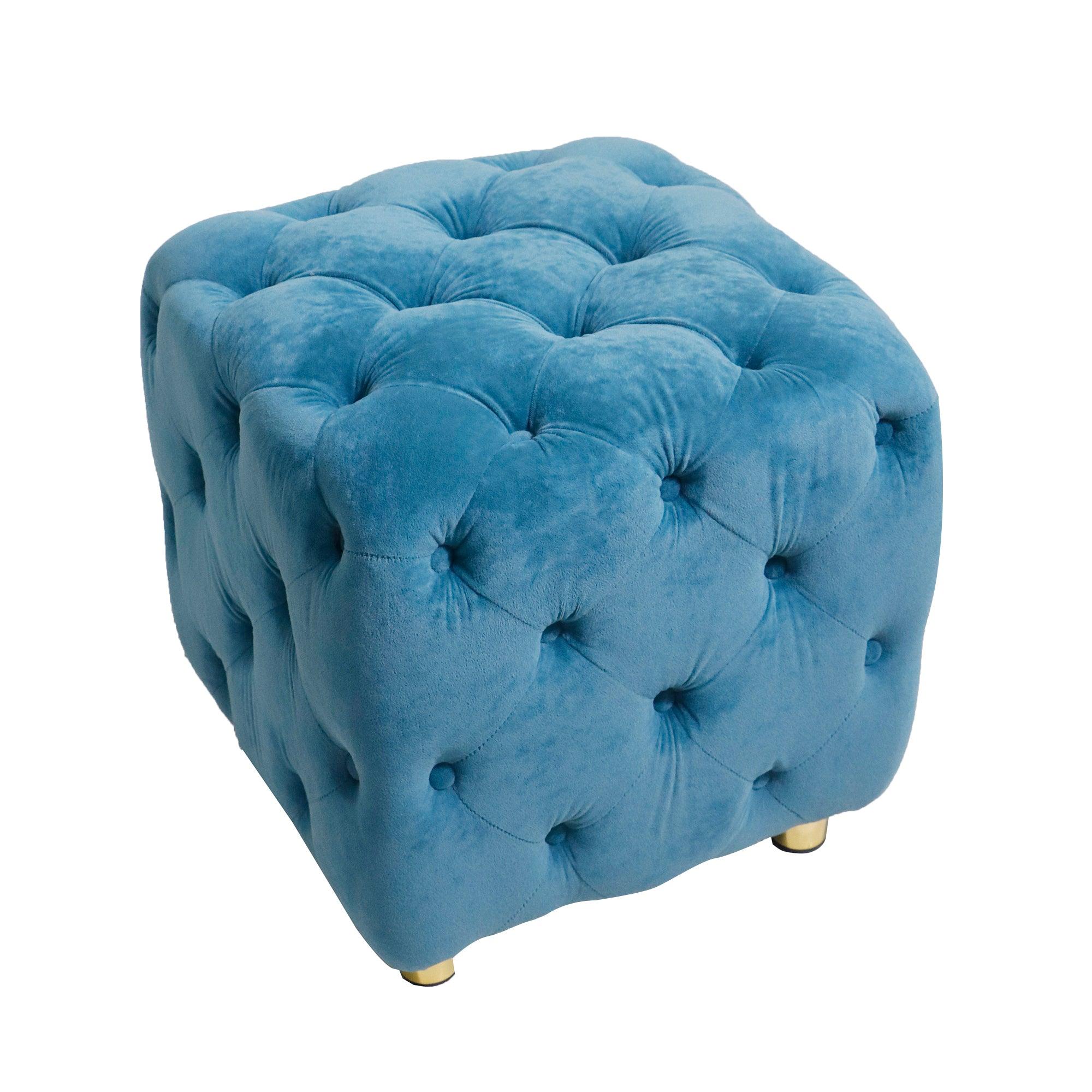 Blue Modern Velvet Upholstered Ottoman - Small End Table & Soft Foot Stool | Dressing Makeup Chair with Comfortable Seat for Living Room, Bedroom & Entryway | Perfect for Lounging, Storage & Home Decor