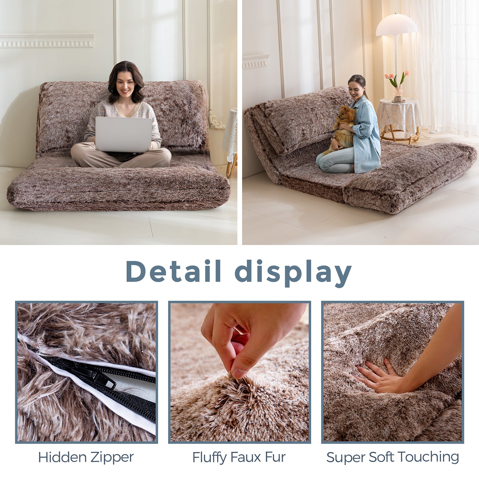 MAXYOYO Folding Bean Bag Sofa Bed - Soft Faux Fur Floor Chair with Foam Filling, Convertible Wall Couch Sleeper for Living Room, Bedroom & Dorm | Perfect for Lounging, Gaming & Extra Guest Sleeping