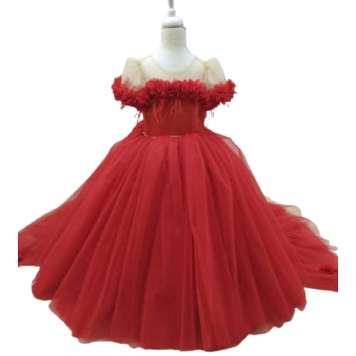 Elegant Red Off-Shoulder Floral Baby Girl Dress - Toddler Birthday Party Tutu Gown | Holiday, Wedding & Special Occasion Outfit for Girls | Perfect for Photoshoots, Pageants & Formal Events
