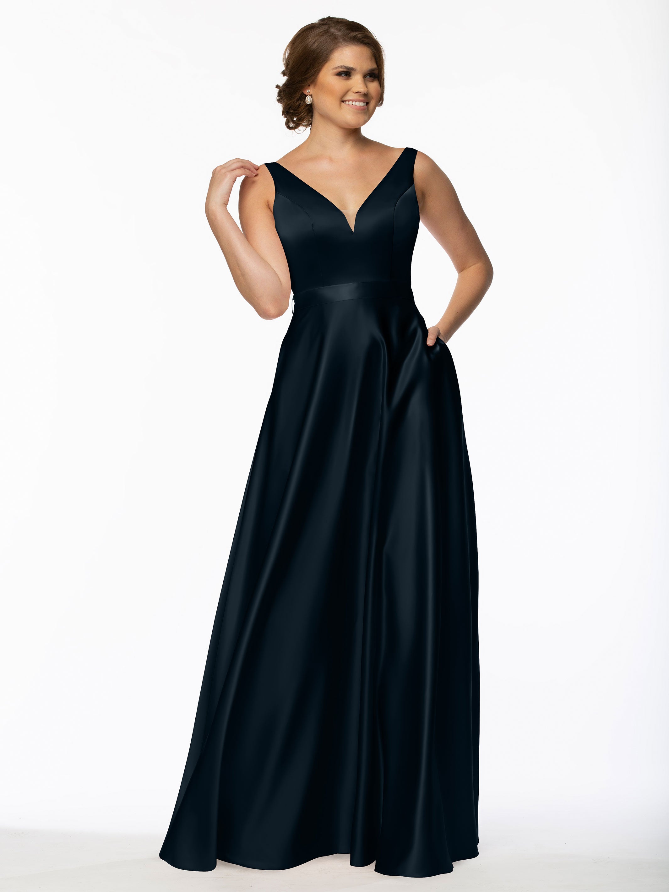 Elegant 80118 Satin A-Line Bridesmaid Dress with V-Neckline & Sash - Perfect for Weddings, Formal Events & Special Occasions