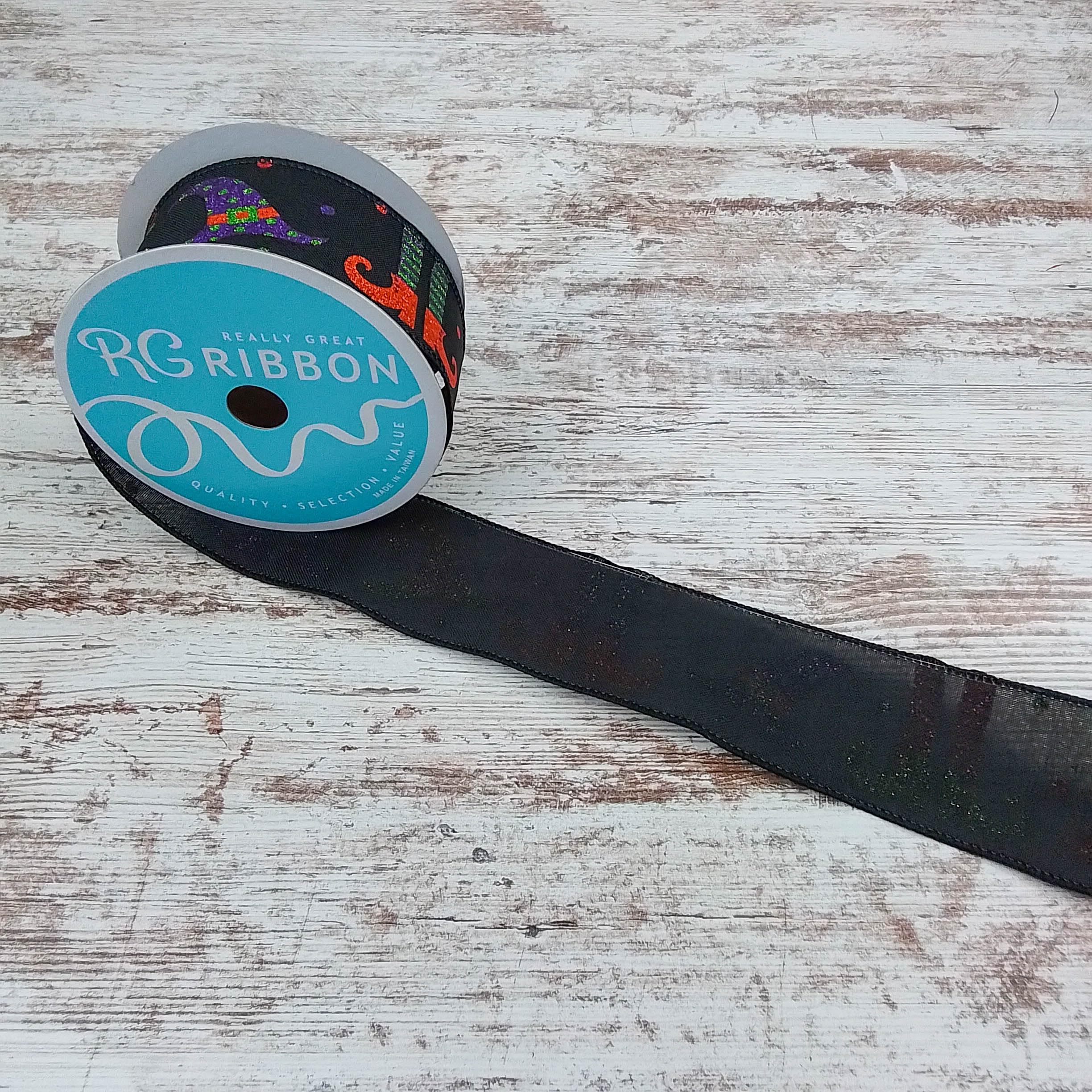 Glitter Witch Legs & Hats Wired Edge Ribbon - 2.5 Inches x 10 Yards Black Halloween Decoration for Costumes, DIY Crafts, Party Decor, and Gift Wrapping