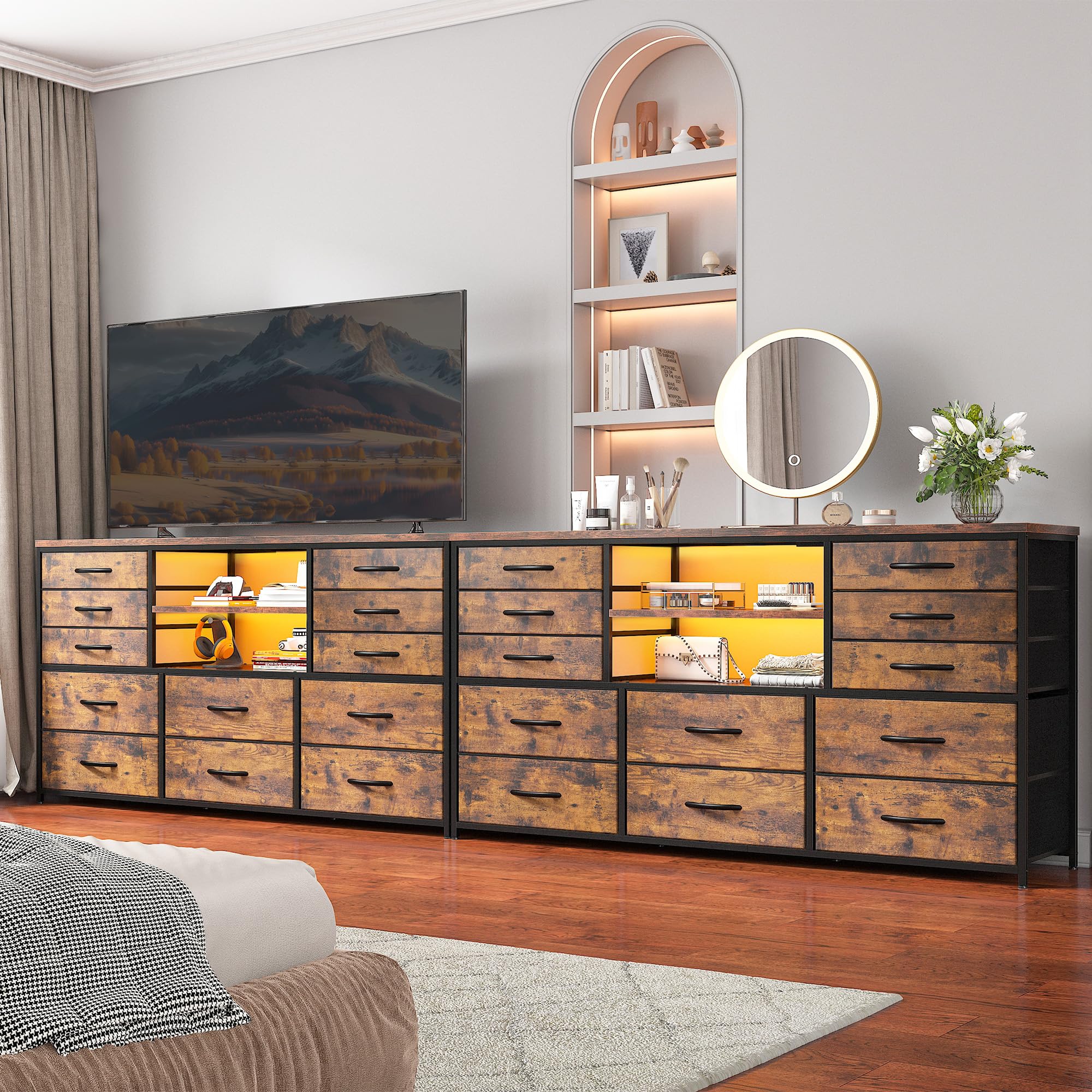 12-Drawer LED Dresser with Power Outlets - Rustic Brown TV Stand for 60-Inch TV, Sturdy Metal Frame Fabric Dresser for Bedroom, Living Room, Hallway & Closet Organization - Perfect for Modern Home Storage & Entertainment Setup