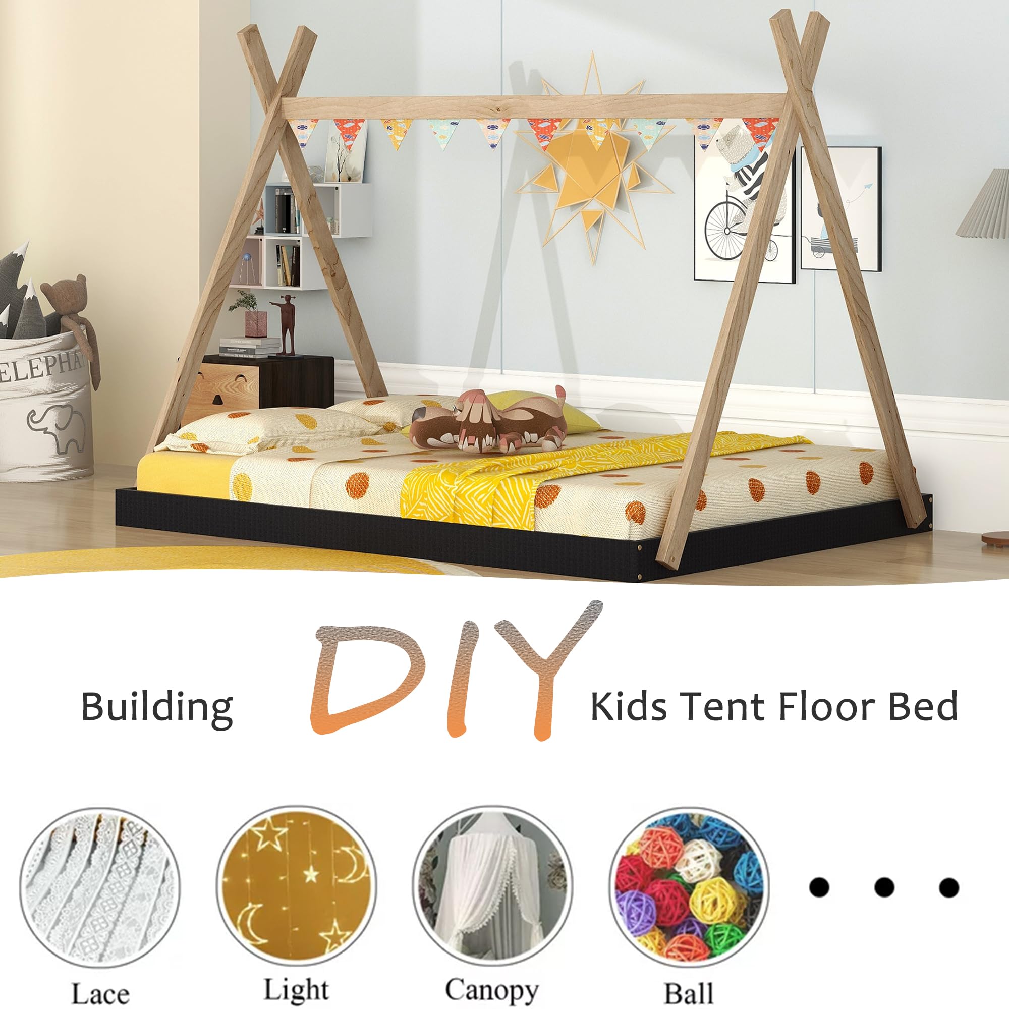 Bellemave Full Size Tent Floor Bed Frame with Sturdy Triangle Structure - Montessori Teepee Platform Bed for Kids, Girls & Boys (Full Size, Black & Brown) - Perfect for Playrooms, Bedrooms & Montessori Learning Spaces