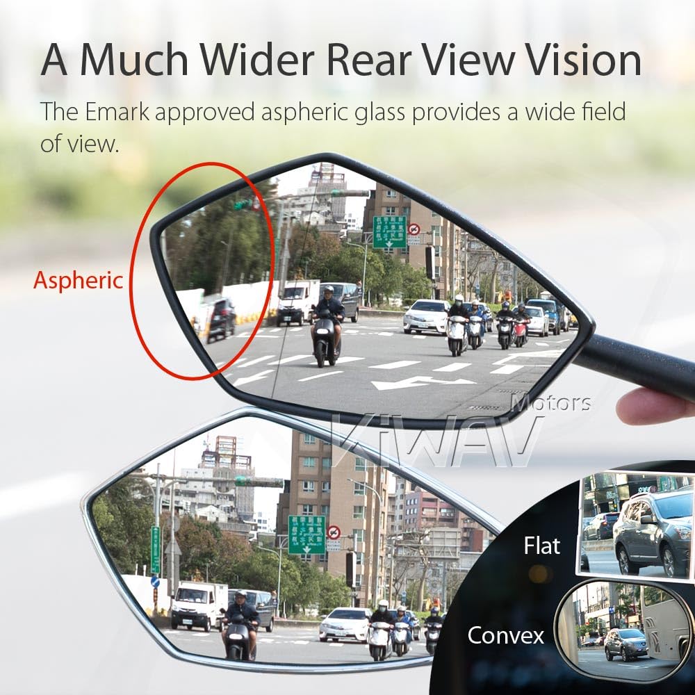 KiWAV Black Motorcycle Mirrors - PalmII Fairing Mount with Adapter for Sports Bikes | Durable & Vibration-Resistant for Highway Riding & City Commuting
