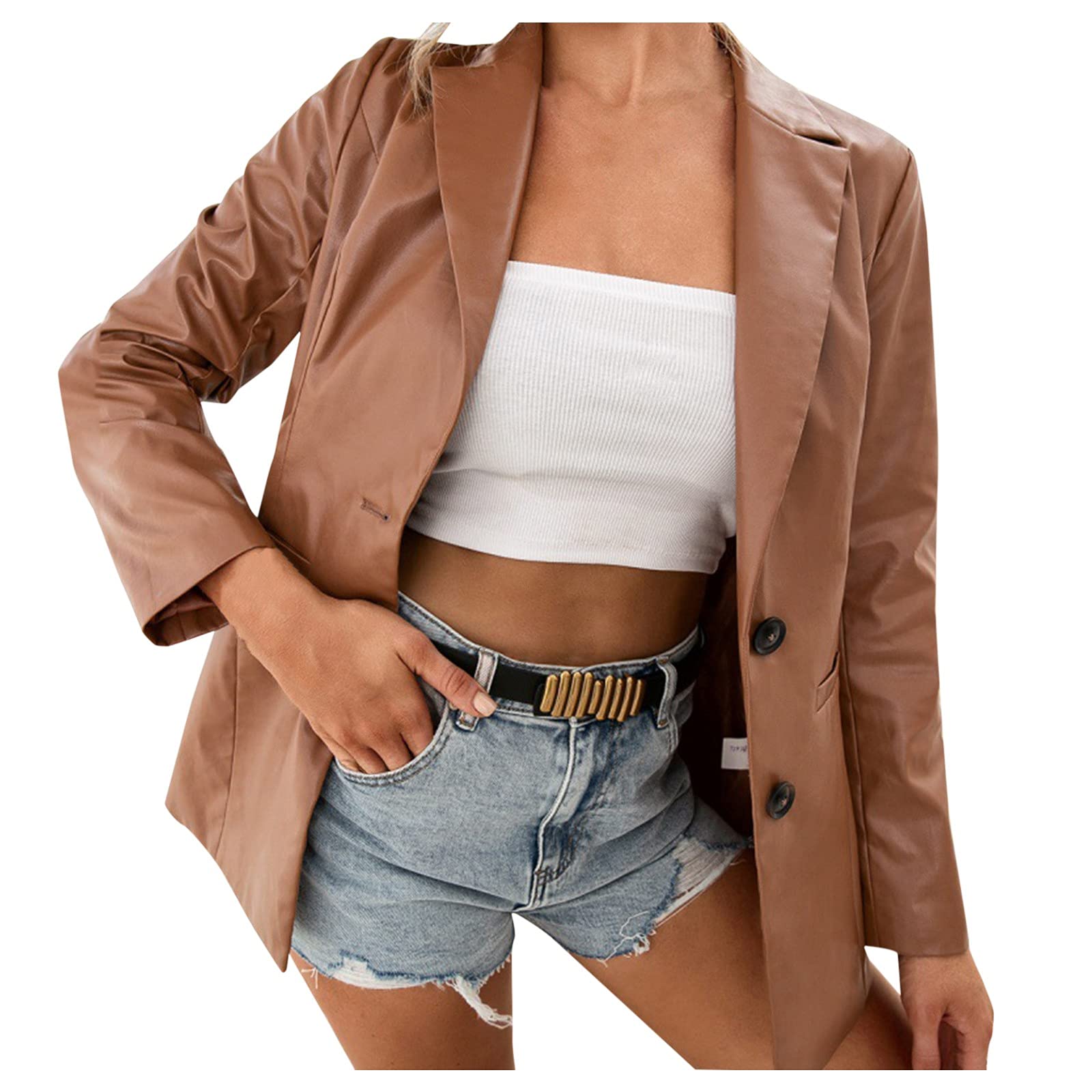 Women's Faux Leather Jacket - Oversized Bomber Moto Coat, Cropped Trench Blazer | Stylish Outerwear for Casual Wear, Night Out & Fall Fashion