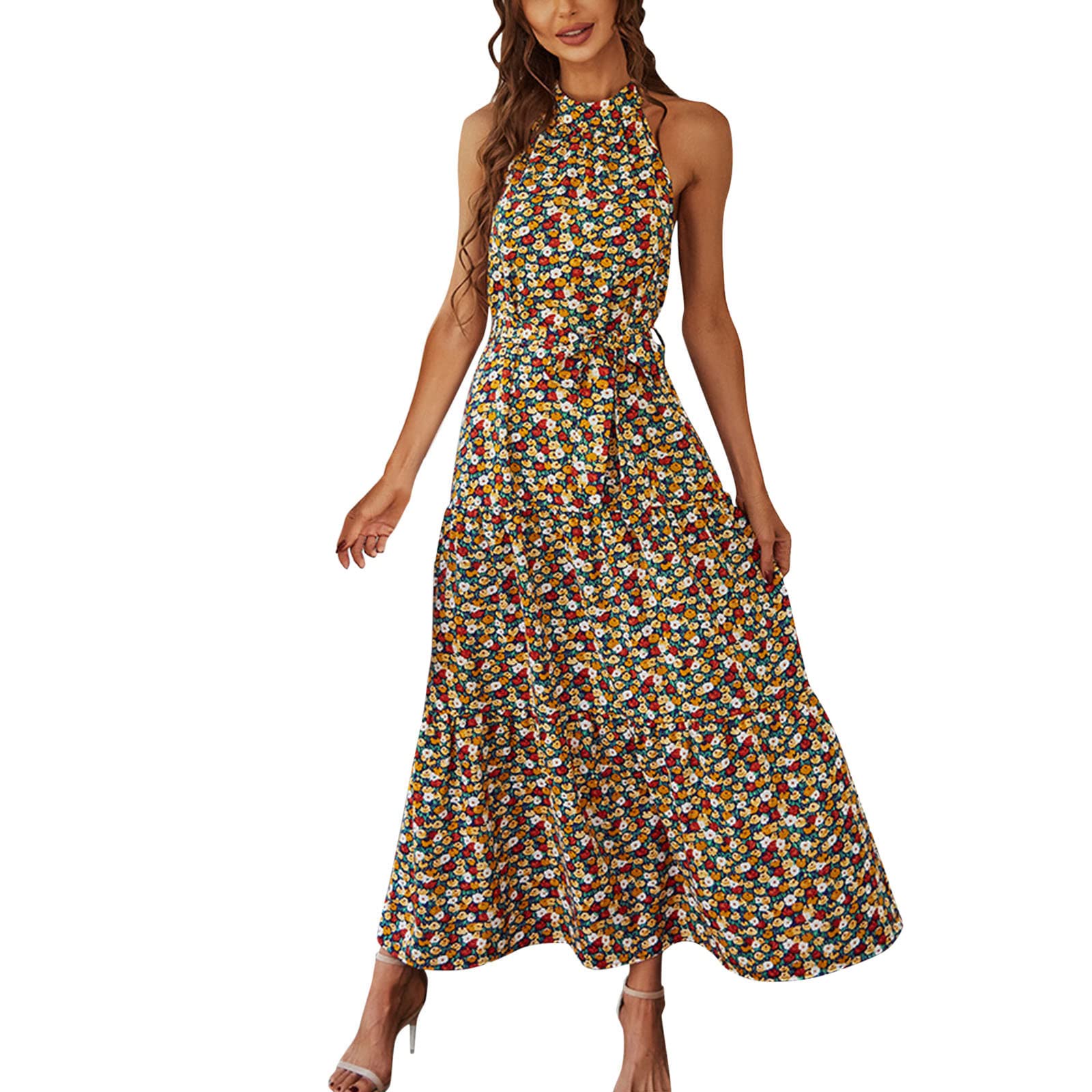 Elegant Women's Backless Halter Maxi Dress with Floral Print - Sleeveless Summer Casual Dress for Beach, Party & Vacation