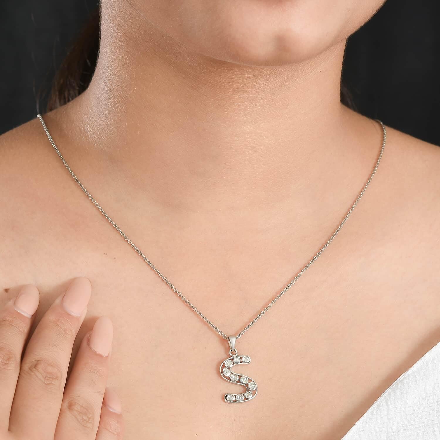 Polki Diamond Initial Necklace for Women - 925 Sterling Silver Platinum Plated, 20