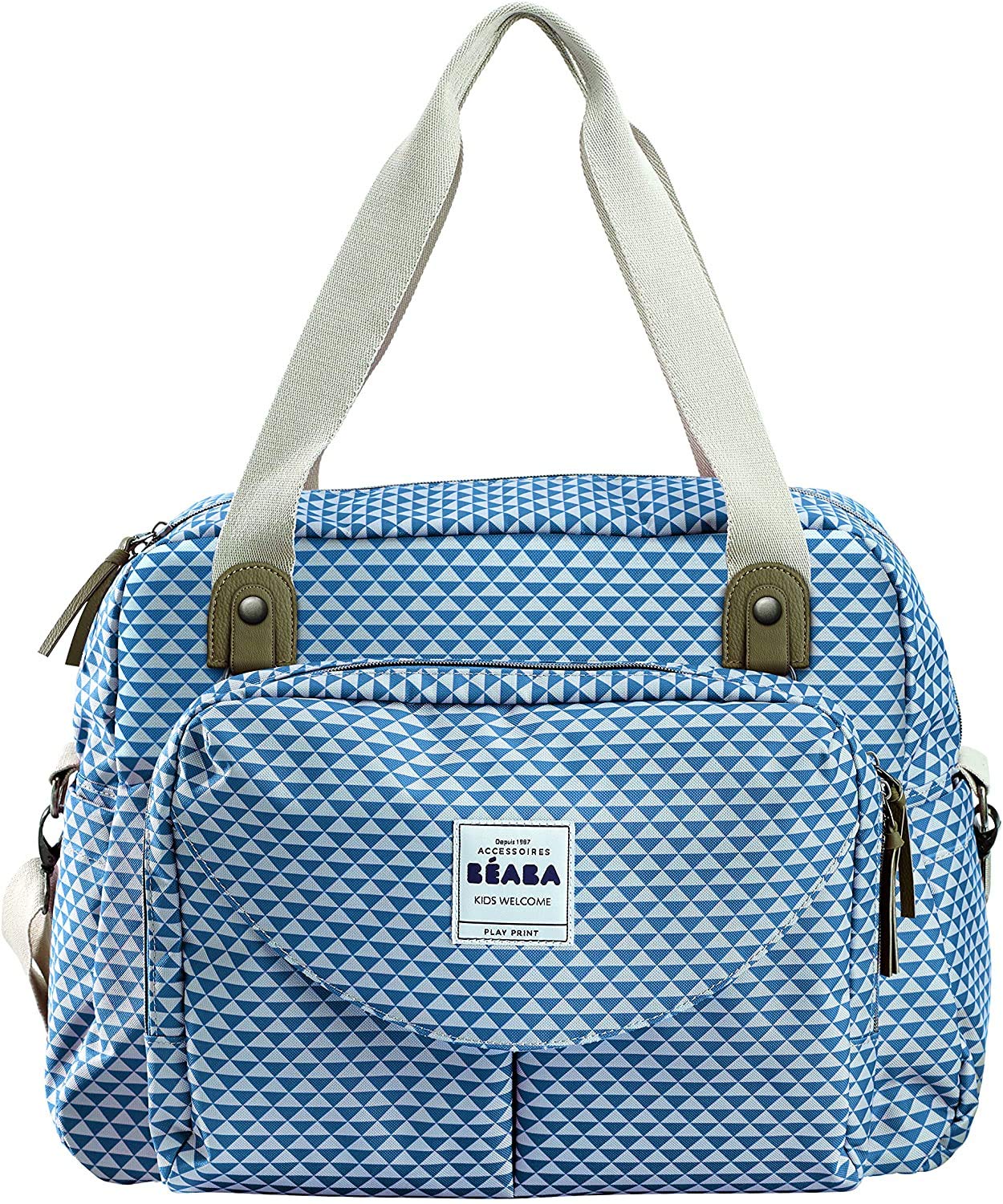 Béaba Genève II Baby Diaper Bag for Newborns & Toddlers - Large Capacity Waterproof Changing Bag with Insulated Lunch Pouch, Stroller Attachment & Changing Mat - Perfect for Travel, Daycare & Outings - Blue Floral Print