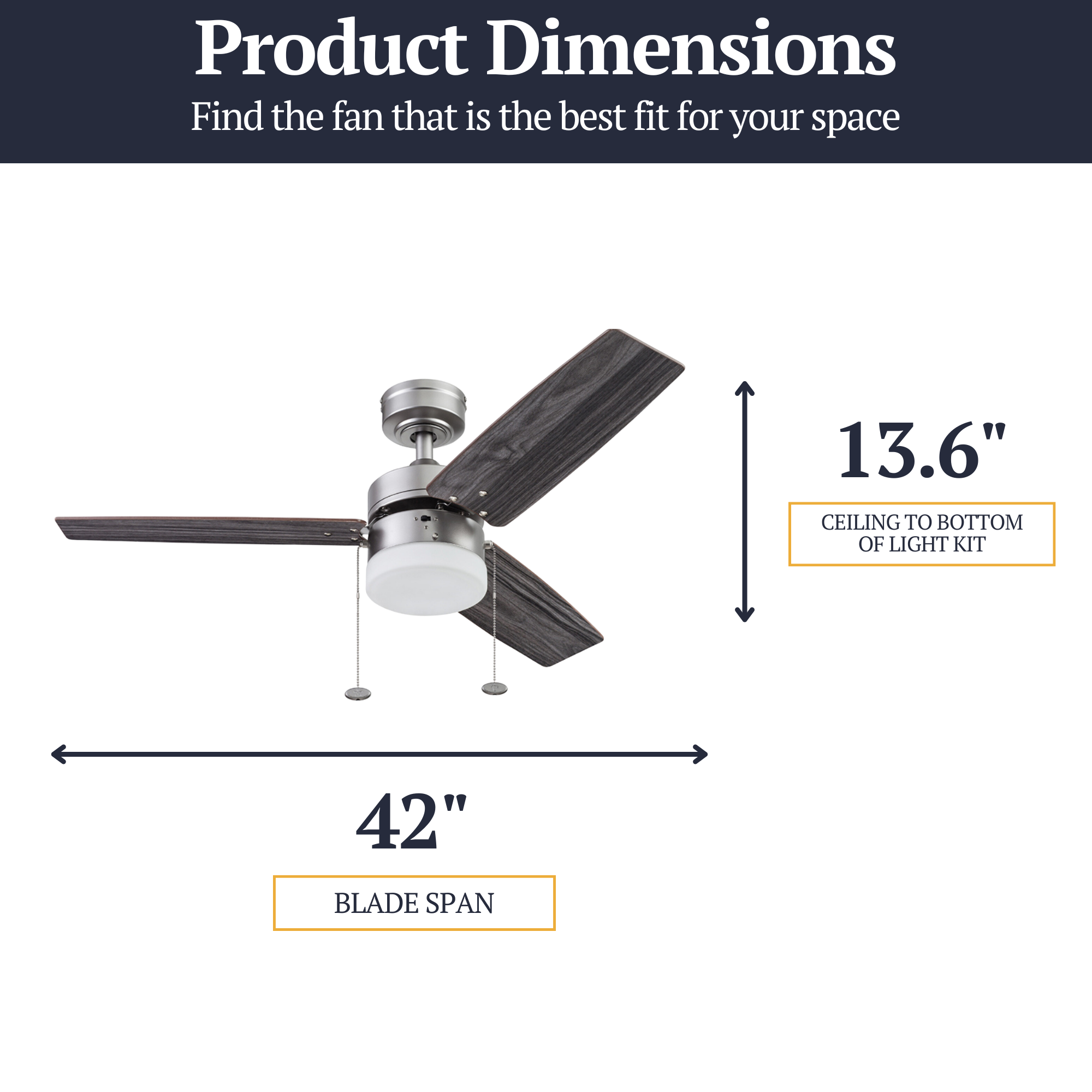 42 Inch Reston Pewter Ceiling Fan with Pull Chain - Modern Indoor Cooling Fan for Living Room, Bedroom, and Office