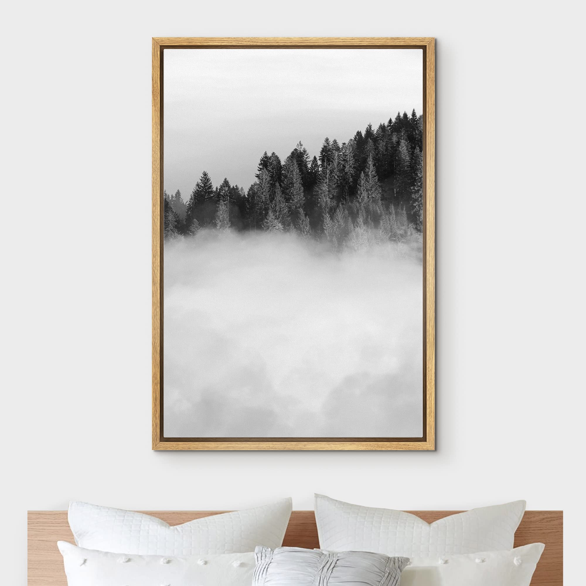 IDEA4WALL Framed Canvas Print - Black & White Misty Forest Woodland Art, Nature Wilderness Realism, Rustic Dramatic Wall Decor for Living Room, Bedroom, Office, Nursery - 24