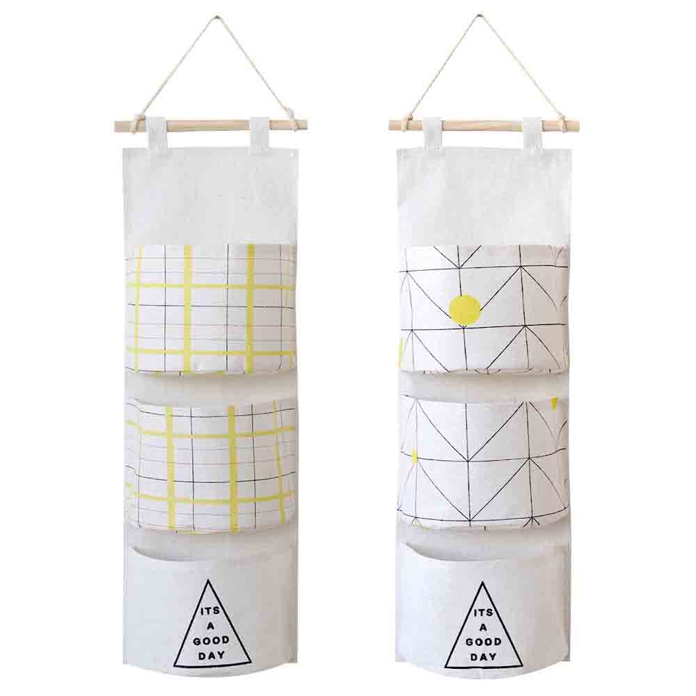 Wall Mounted Hanging Storage Organizer - 3-Pocket Over The Door Closet Organizer with Linen Cotton Fabric for Bedroom, Bathroom & Living Room (2-Pack) | Space-Saving Storage Solution for Clothes, Towels & Accessories