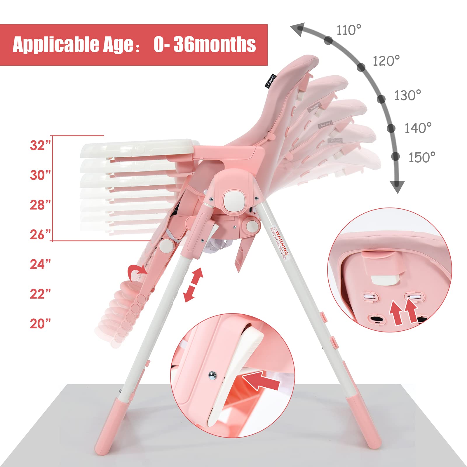 INFANS 4-in-1 Convertible High Chair & Booster Seat for Babies & Toddlers - Adjustable Height, Recline, Removable Tray, Detachable Cushion, Foldable Design - Easy Installation-Free Highchair for Dining, Feeding & Playtime (Pink)