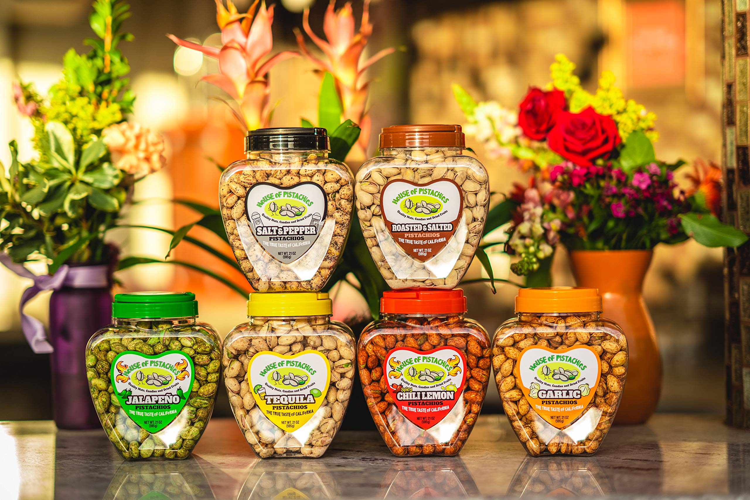 Premium Flavored Pistachios in Jars - 6 Delicious Varieties: Salted, Jalapeno, Tequila, Garlic, Salt & Pepper, Chili Lemon - Authentic Family Recipe - California Grown Nuts - Perfect for Snacking, Gifts & Party Favors
