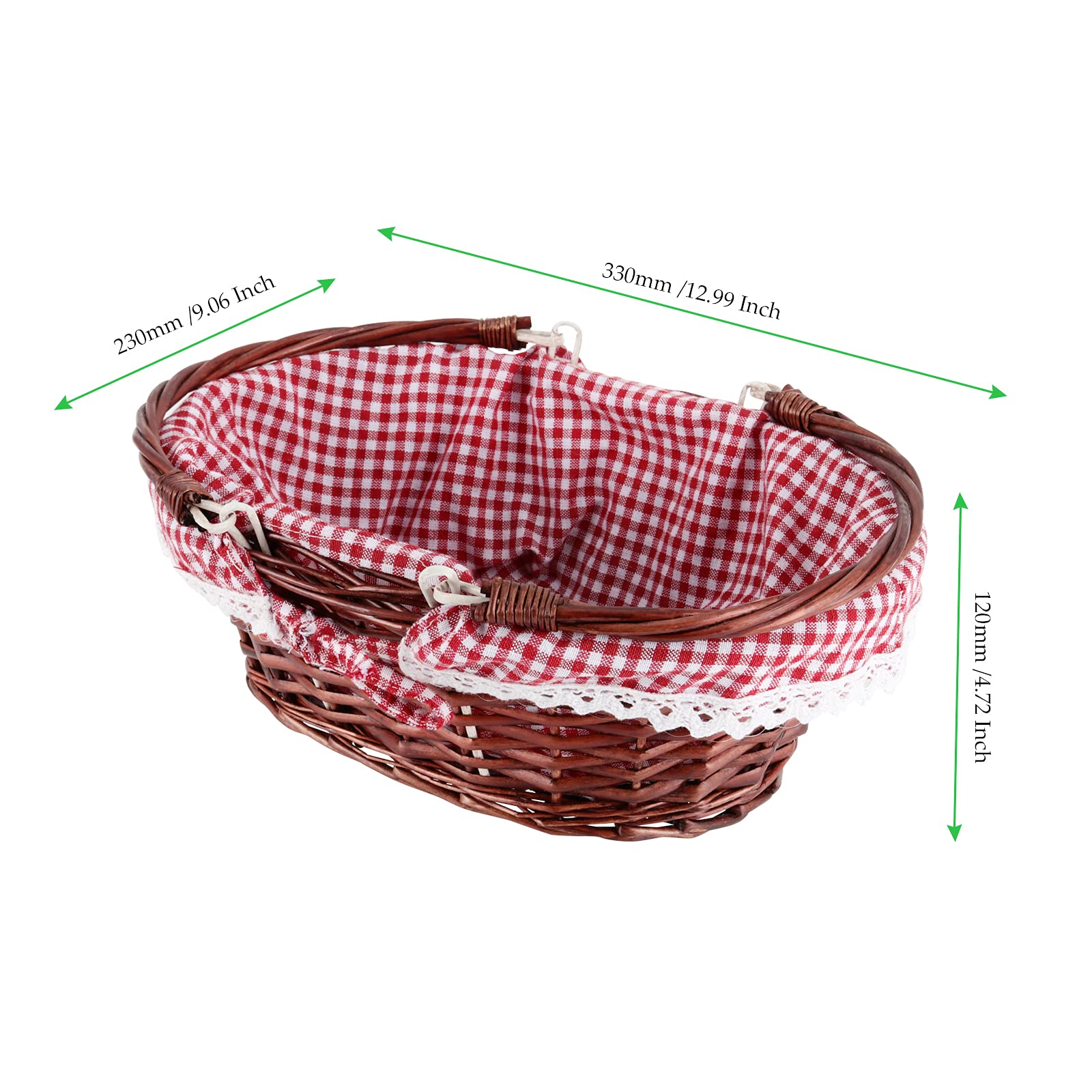 2 Pack Brown Wicker Easter Baskets - Handwoven Willow Storage Baskets with Double Folding Handles & Washable Gingham Liner - Perfect for Easter Egg Hunts, Candy Storage, Fruit Display, Toy Organization & Picnic Supplies