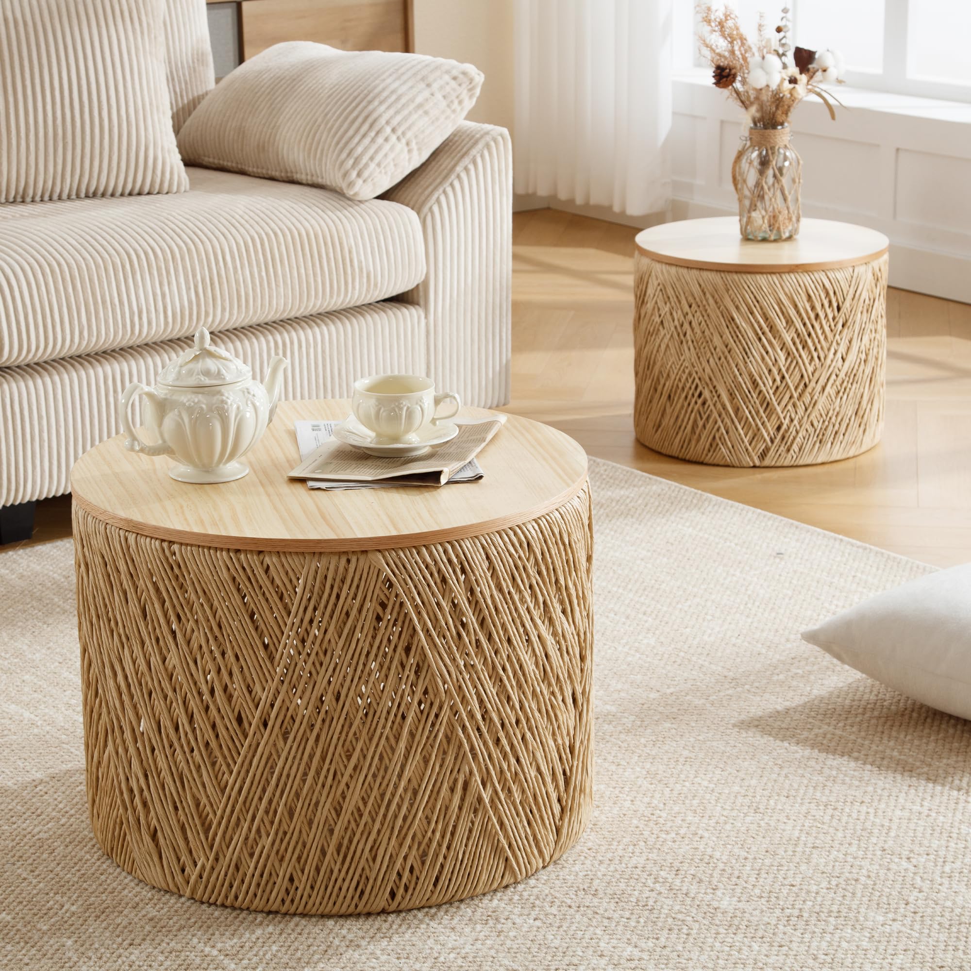 Rustic Round Coffee Table with Storage - Handwoven Rattan Lift Top Boho Side Table for Living Room, Bedroom & Patio - Natural Wood Nesting Table for Home Decor