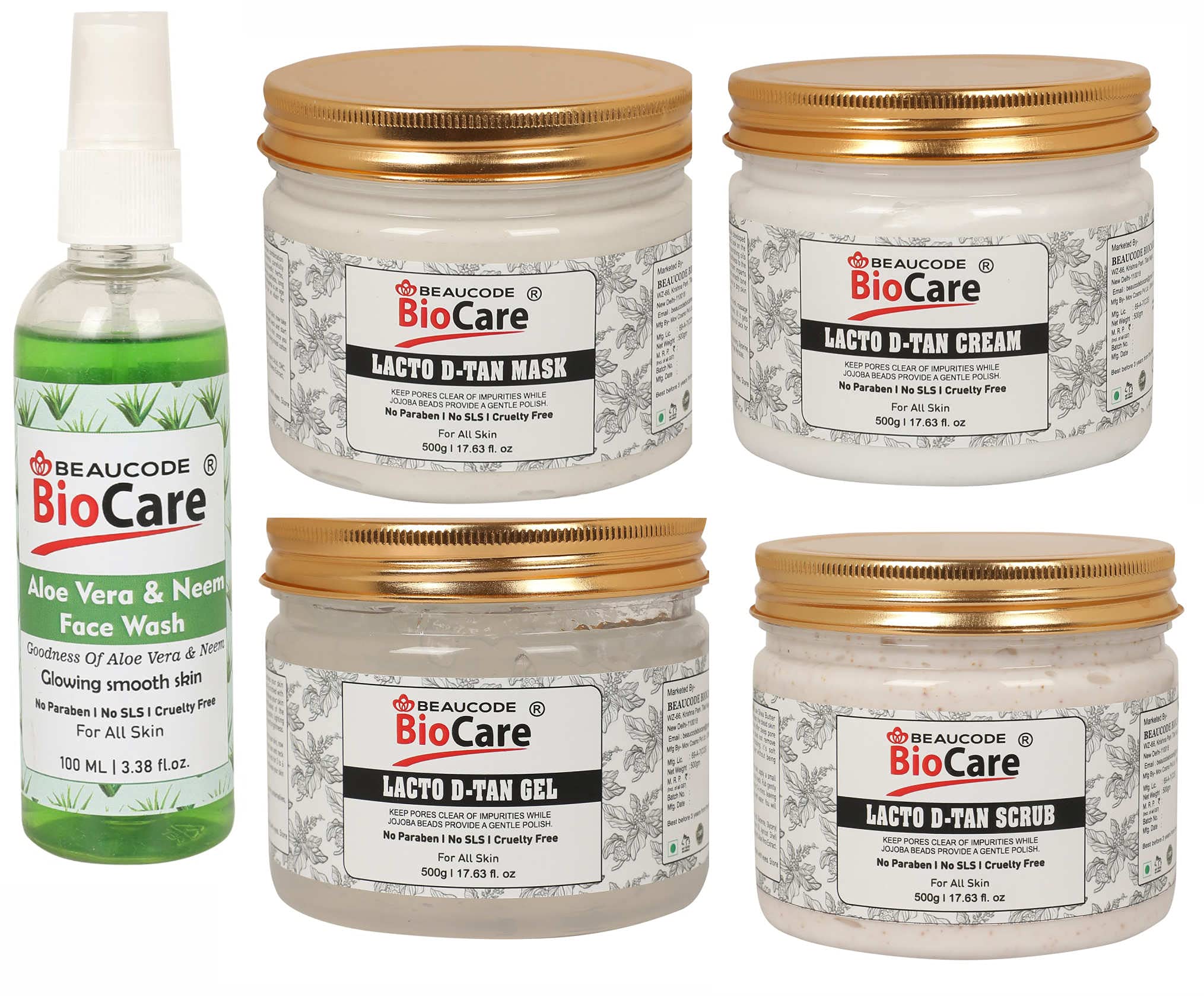 Beaucode Biocare Skin Glow Lacto D Tan Face & Body Cream Kit - 500g with Aloe Vera Face Wash 100ml | Paraben, Sulfate & Cruelty Free | Pack of 5 | Brightening, Exfoliating & Hydrating for Radiant Skin | Perfect for Daily Skincare Routine & Spa Treatments