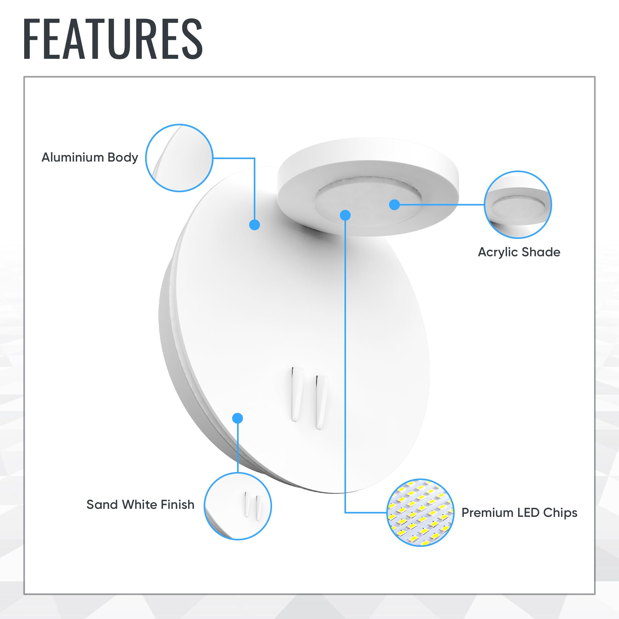 LEDMyplace 14W LED Wall Sconce - 3000K Warm White Indoor Bedroom Light, 558 Lumens, 120V, High CRI, White Acrylic Shade, Sand White Finish - Perfect for Hallway, Living Room & Bedroom Lighting
