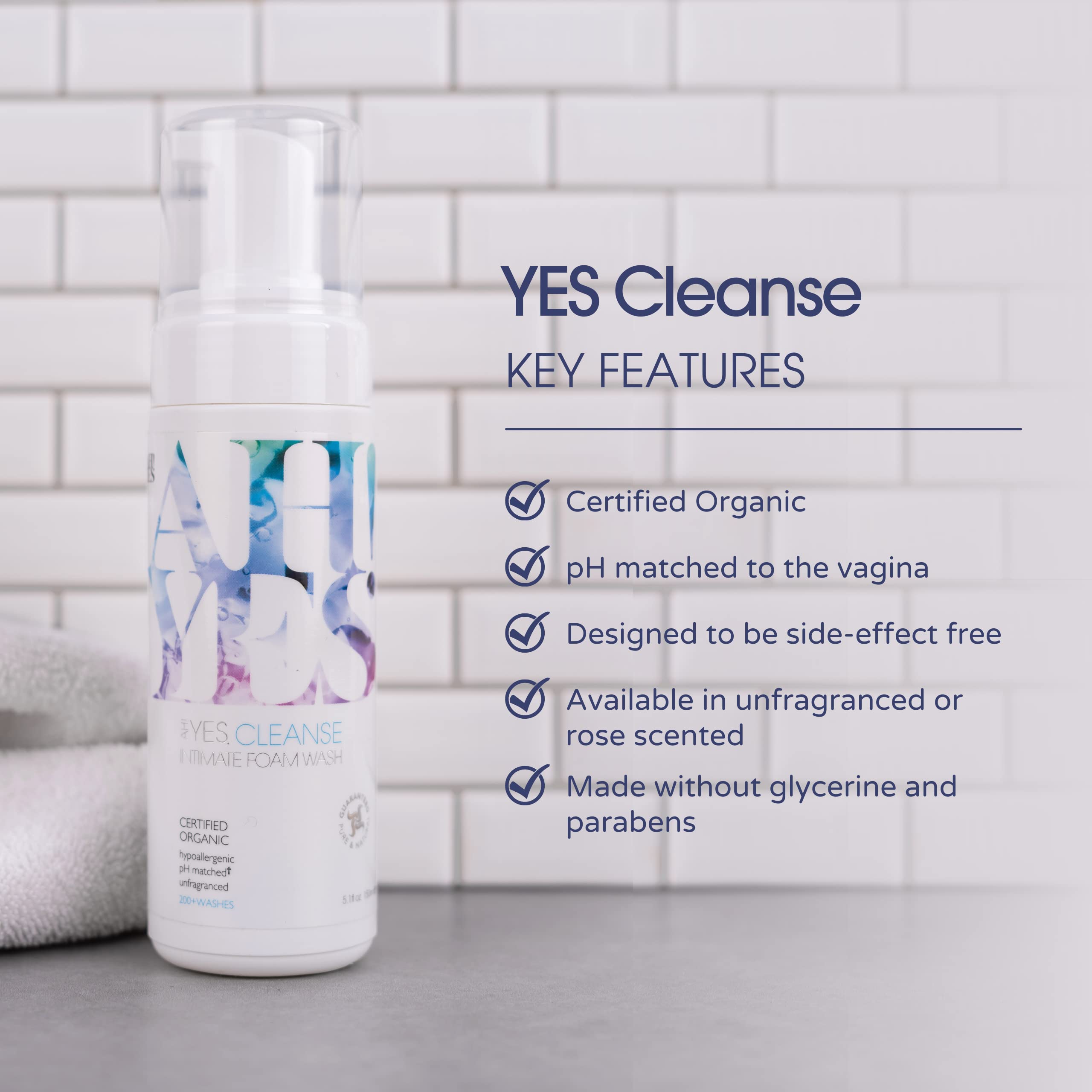 AH! YES® CLEANSE pH Balanced Feminine Wash - Certified Organic, Pure & Natural Vaginal Wash for Women - Unscented & Gentle Foaming Intimate Cleanser (5.1 fl oz) | Daily Hygiene & Post-Workout Care for Freshness & Comfort