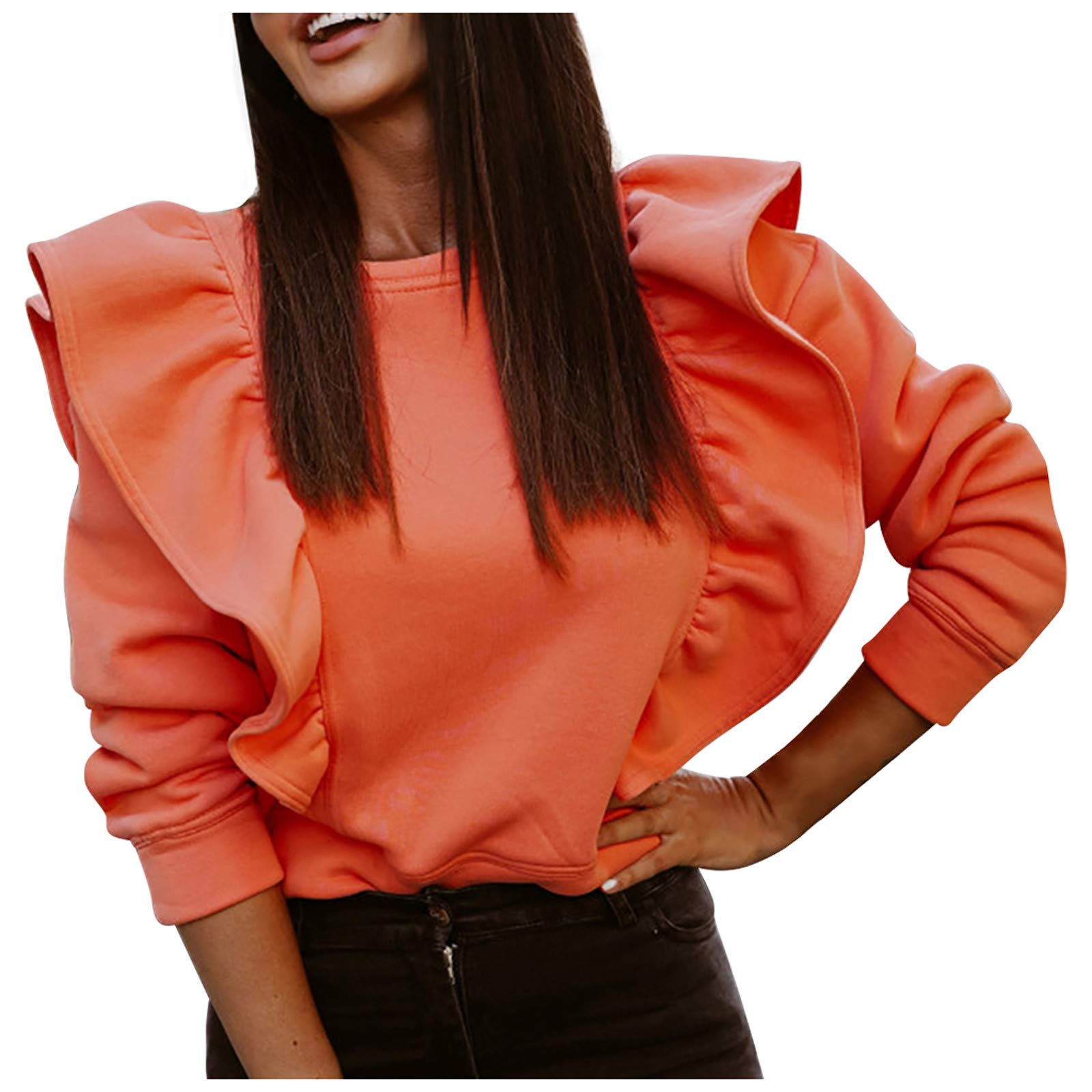 Women's Casual Long Sleeve Sweatshirt with Ruffle Stitching - Solid Color Tops for Everyday Wear | Perfect for Work, Date Night & Weekend Outings