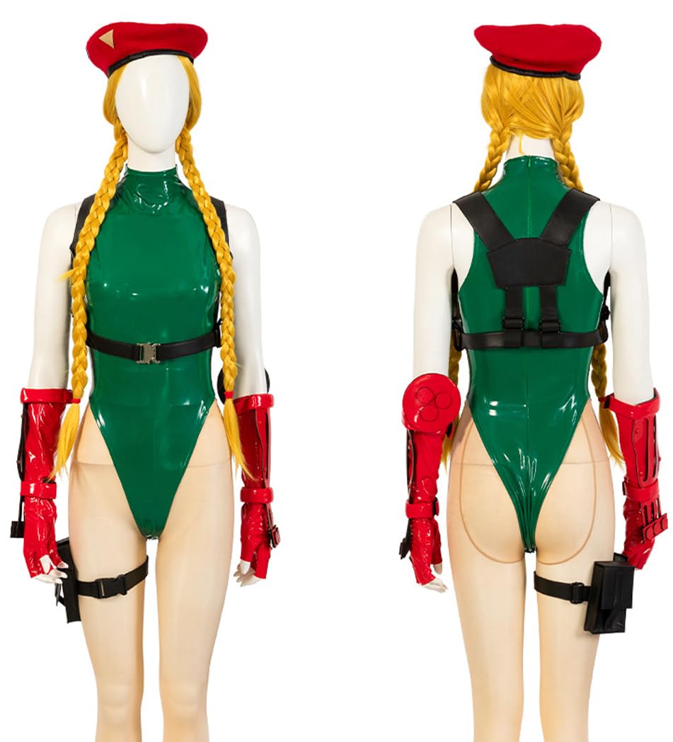 Liu Yumin Women's Street Fighter Cammy White Cosplay Costume Set with Green Bodysuit & Wig - Perfect for Halloween, Anime Conventions & Video Game Themed Parties