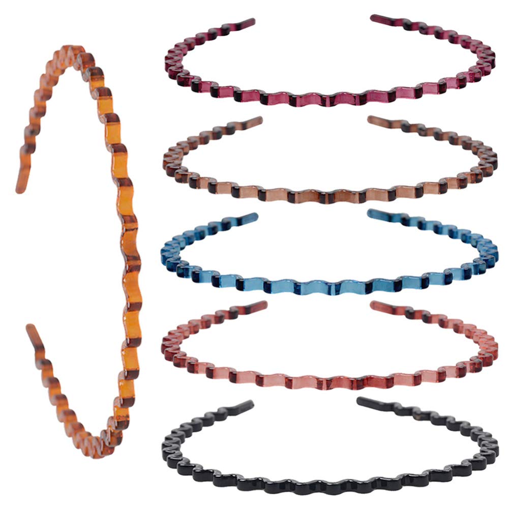 6-Pack Metal Headbands for Men & Women - Wavy Hair Hoops, Instant Noodle Hair Ties, Wash Headbands - Durable Plastic Yoga Hair Accessories for Sports, Workouts, and Everyday Use