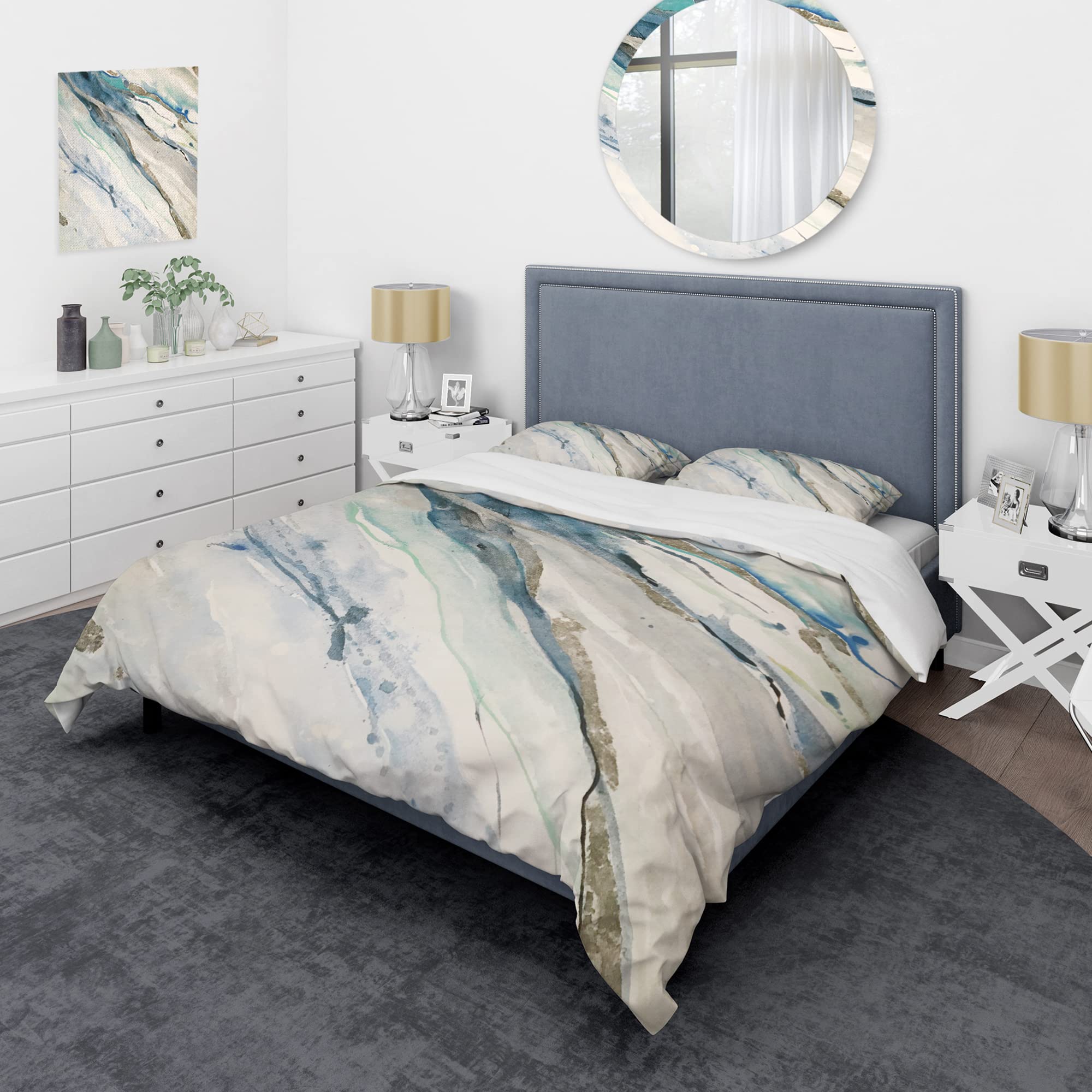 DesignQ Blue Silver Spring II Modern & Contemporary Duvet Cover Set - Queen Size 3-Piece Cottage Bedding in All-Season Blue | Perfect for Guest Rooms, Master Bedrooms & Coastal Home Decor
