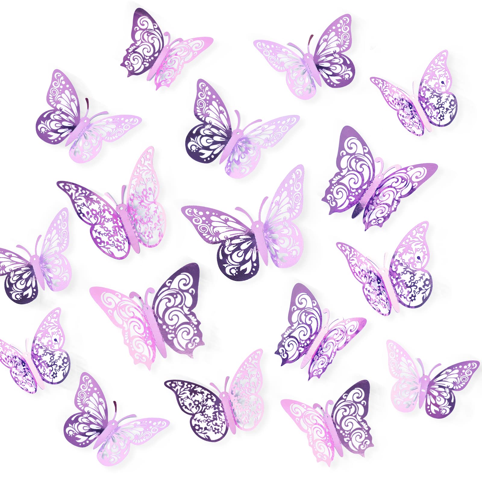 72 Pcs 3D Butterfly Wall Decorations - 3 Sizes & Styles for Party, Birthday, Craft, Cake Decor - Lavender Room Stickers for Home, Nursery, Wedding & Event Decorating
