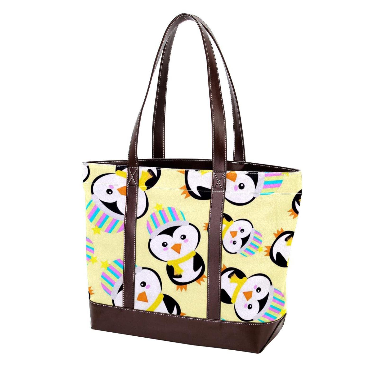 Stylish Women's Tote Bag - Waterproof Beach Bag, Spacious Laptop Shoulder Purse with Secure Zipper Closure, Cute Cartoon Penguin with Hat Design - Perfect for Work, Travel, Shopping & Daily Use