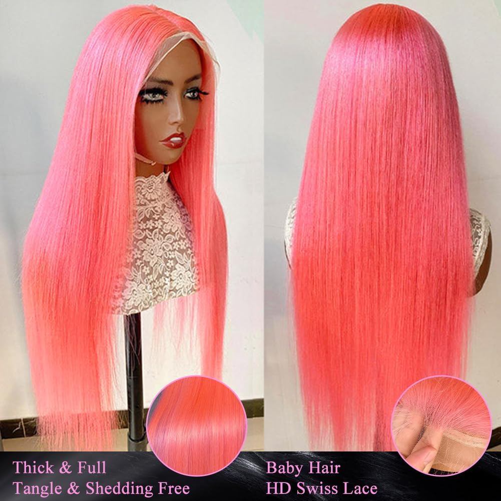 LZGYE 13x4 HD Lace Front Wig - 150% Density 22 Inch Pink Straight Human Hair Wig with Baby Hair & Transparent Lace | Colored Closure for Women | Perfect for Cosplay, Parties & Daily Styling