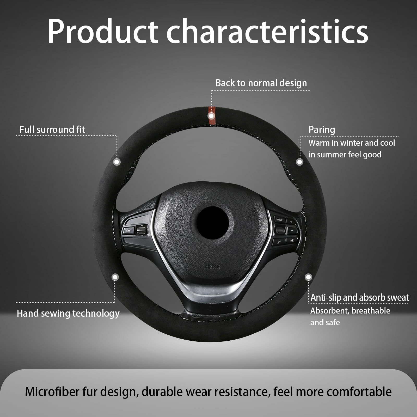 Gunhunt 1 PC Premium Suede Nubuck Leather Steering Wheel Cover - 14.9