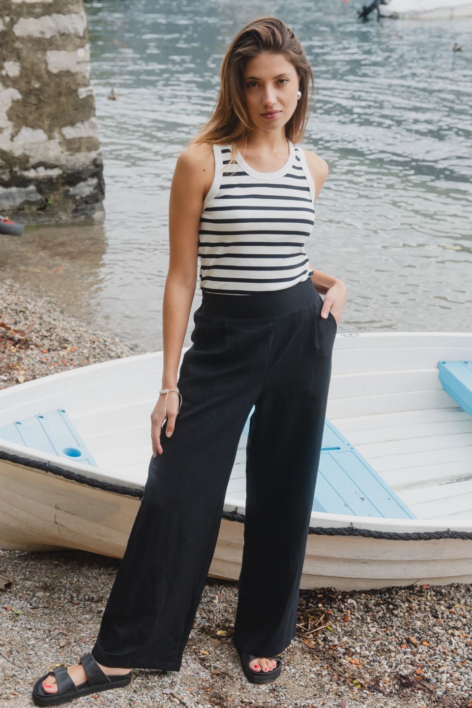 Cobble White & Black Stripe Rib Cutaway Tank Top for Women - Casual Summer T-Shirt for Outfits, Beach, and Layering