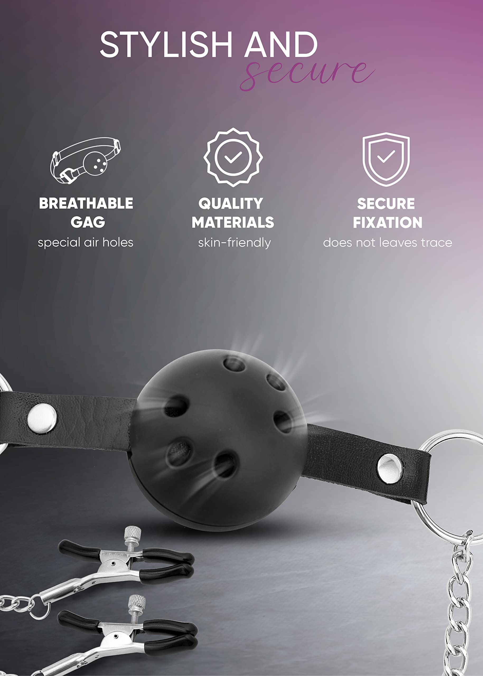 PASTOS Adjustable Black Ball Gag & Nipple Clamps Set with Chain - Breathable BDSM Mouth Restraint & Fetish Bondage Toy for Couples Play, Roleplay, and Sensual Exploration