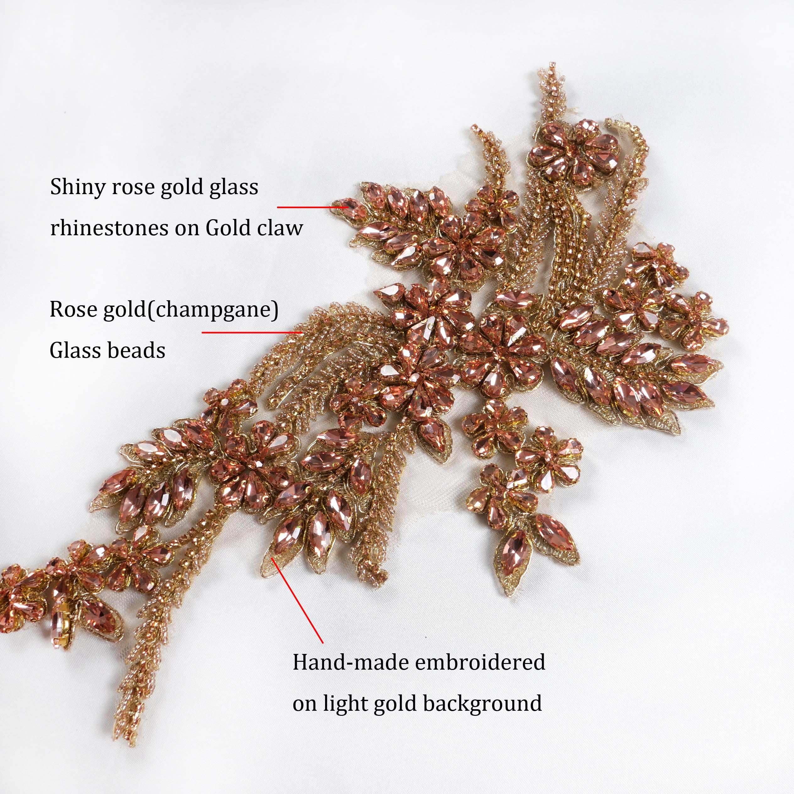 Handmade Beaded Rhinestone DIY Clothing Appliques Patches - Rose Gold/Pink/Silver/Red/Black Flower Embellishments for Wedding Dresses, Evening Gowns & DIY Fashion Projects (Champagne Rose Gold)