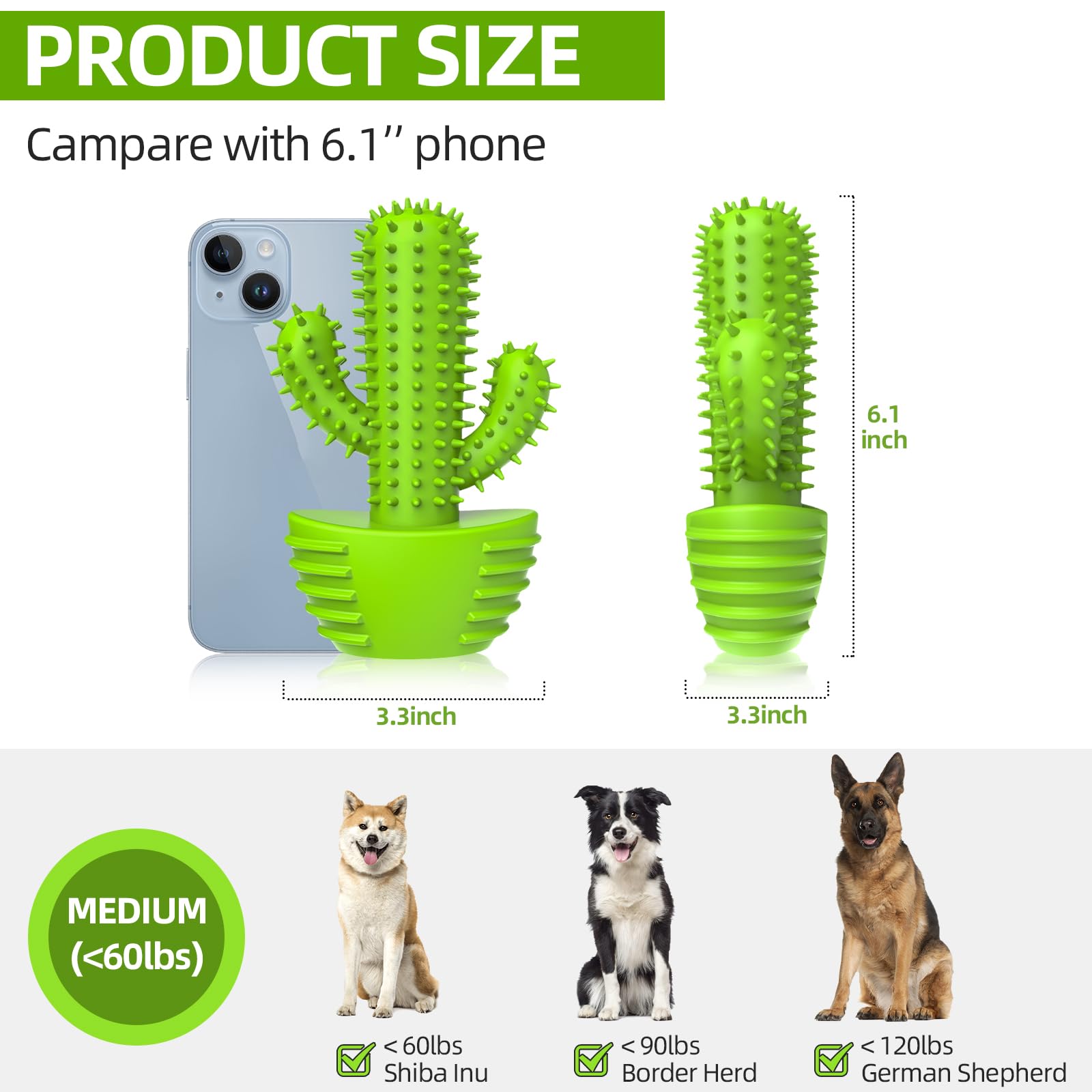 Durable Rubber Dog Chew Toys for Teeth Cleaning - Dental Chew Stick Toothbrush for Small, Medium & Large Dogs - Tough Squeaky Cactus Toy for Aggressive Chewers | Perfect for Puppy Teething, Dental Care & Playtime