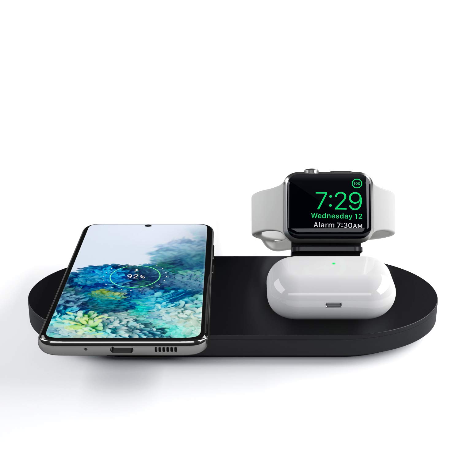 Seacosmo 3-in-1 Qi Certified Fast Wireless Charging Station - Compatible with iPhone 15/14/13, Samsung Galaxy S23/S22, AirPods 2/3 & Apple Watch (Cable Not Included) - Black | Bedside Nightstand Charger for Home & Office