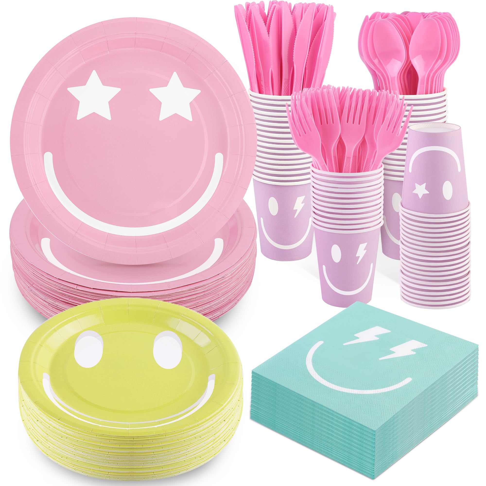 350-Piece Preppy Smile Face Party Decorations Set - Pastel Party Supplies with Smiley Paper Plates, Napkins, Cups, Forks, Knives & Spoons - Perfect for Preppy Pastel Birthday Parties & Events Serving 50 Guests - Ideal for Birthday Celebrations, Baby Showers, and Themed Gatherings