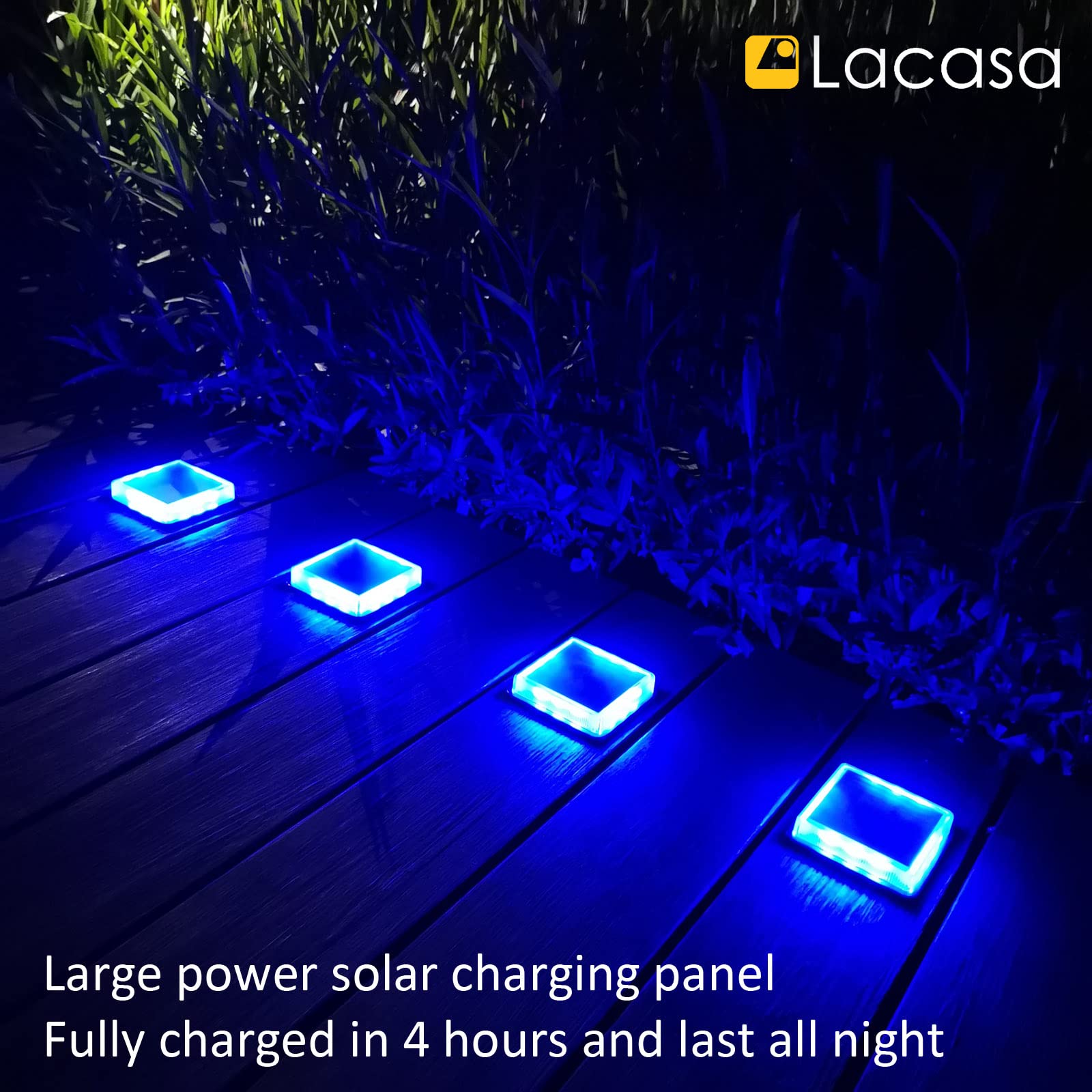 Lacasa 4-Pack Blue Solar Deck Lights - Dusk to Dawn Large Battery Step Lights, Waterproof Solar Powered LED Dock Lights for Outdoor Garden, Stairs, Driveway, Walkway, Pathway & Warning Lighting - Perfect for Patio, Backyard, Poolside & Landscape Illumination