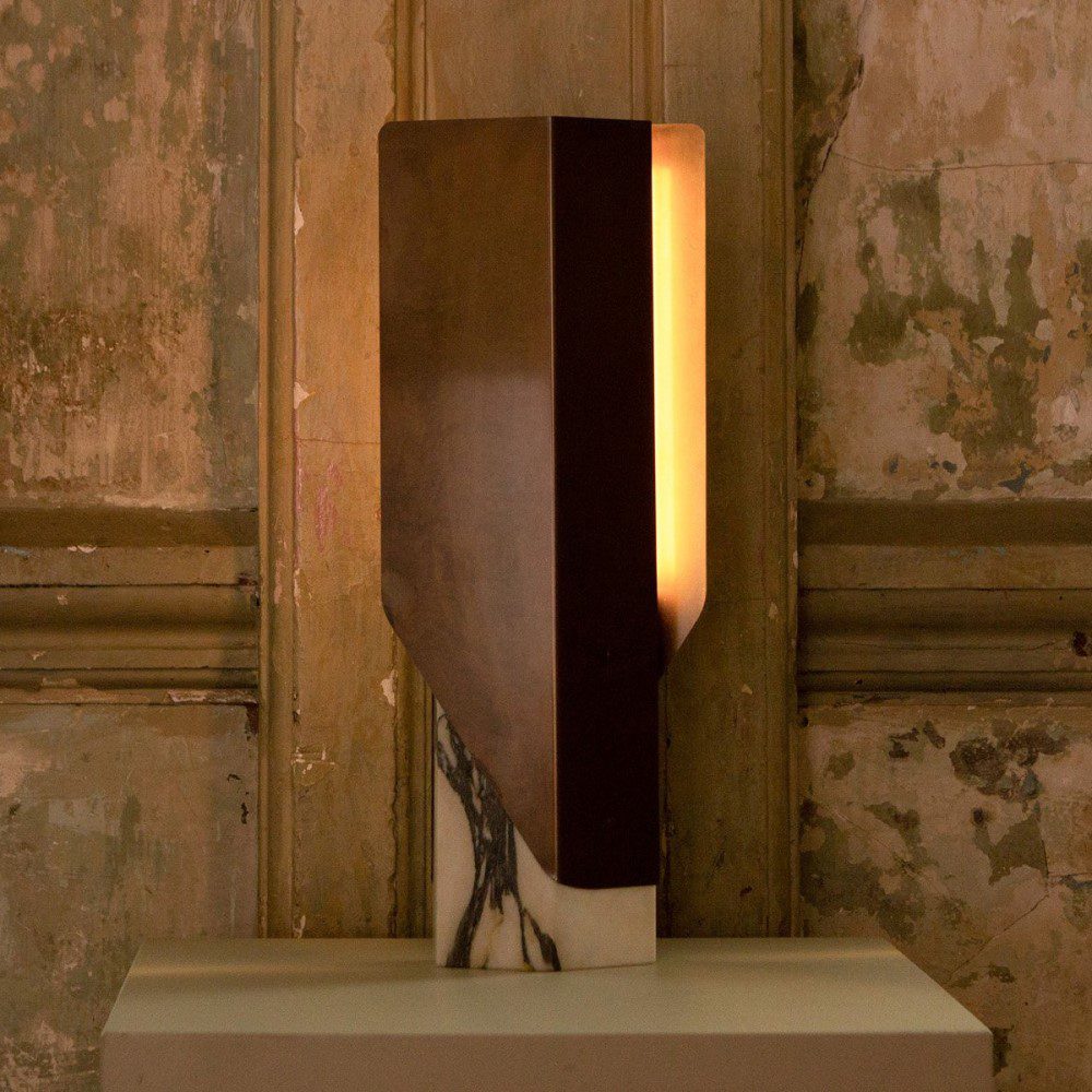 PRE ORDER BEN TOVIM DESIGN Fold Table Lamp - Calacatta Viola Marble with Bronze Patina Finish | Modern Home Office & Bedside Lighting Decor