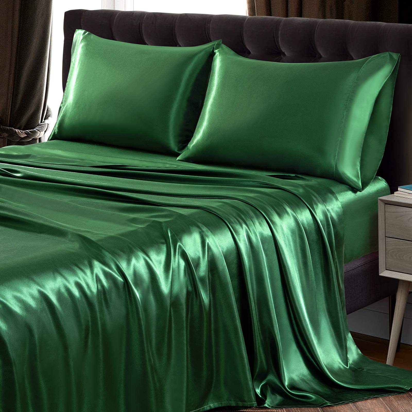 SiinvdaBZX 4Pcs Satin Sheet Set - Extra Deep Pocket Queen Size (Fits 18-24 Inch Mattress) - Ultra Soft Silky Emerald Green Bedding for Luxurious Sleep & Elegant Bedroom Decor