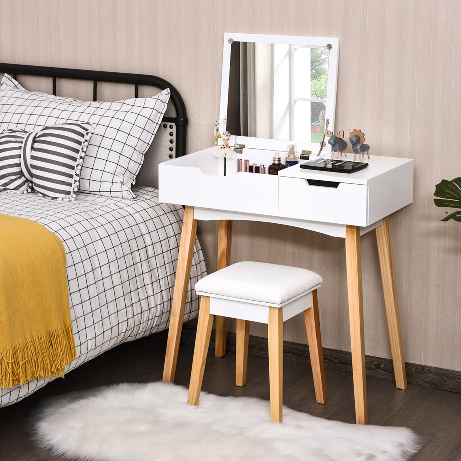 COSTWAY Makeup Vanity Table with Mirror and Stool, White Cosmetic Desk for Bedroom, Living Room - Perfect for Dressing, Applying Makeup & Organizing Beauty Products