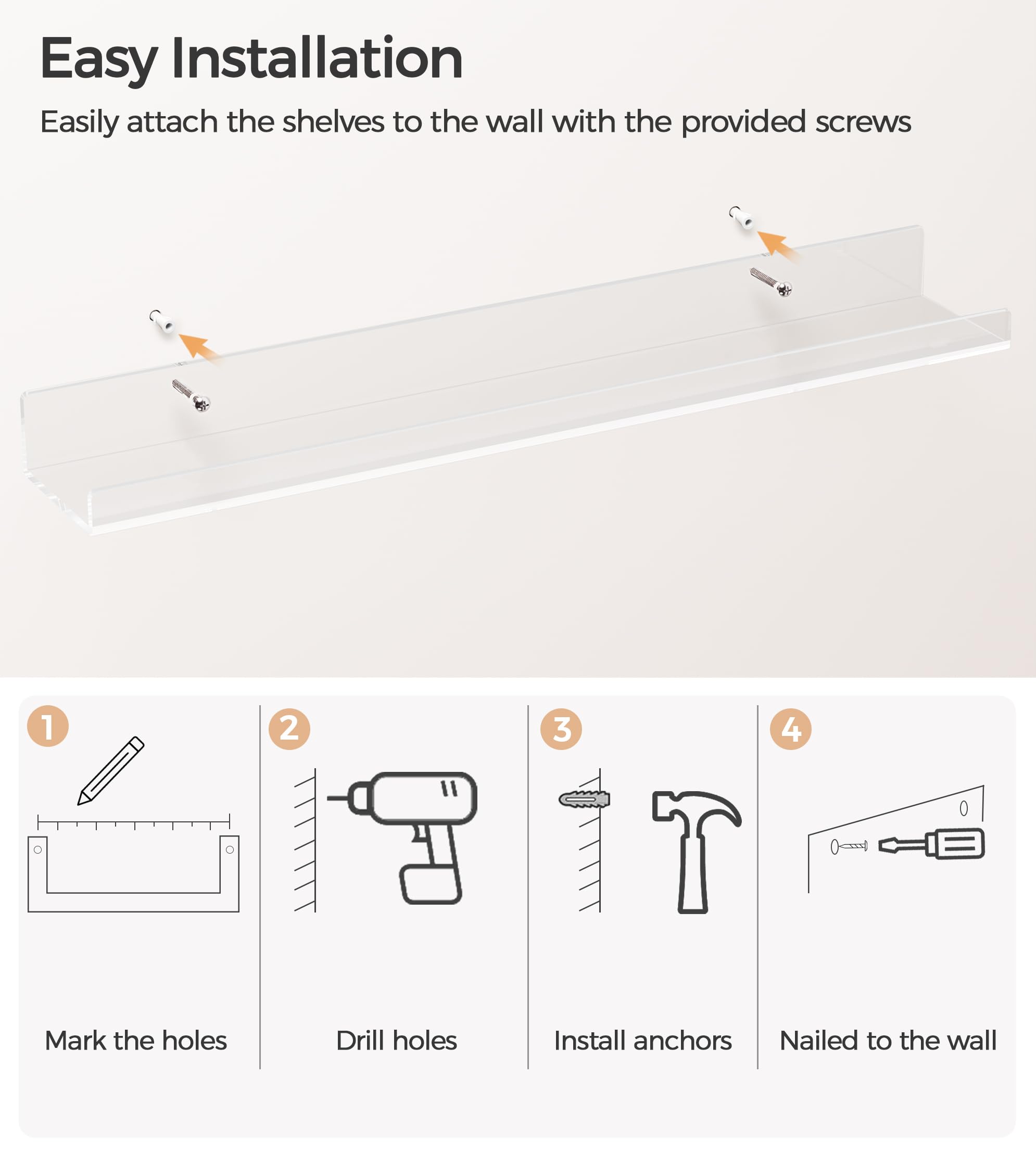 HBlife Acrylic Clear Floating Shelves Set of 2 - 36 Inch Wall Mounted Picture Ledge for Displaying Books, Photo Frames & Decor - Perfect for Living Room, Bedroom, Office & Nursery Organization