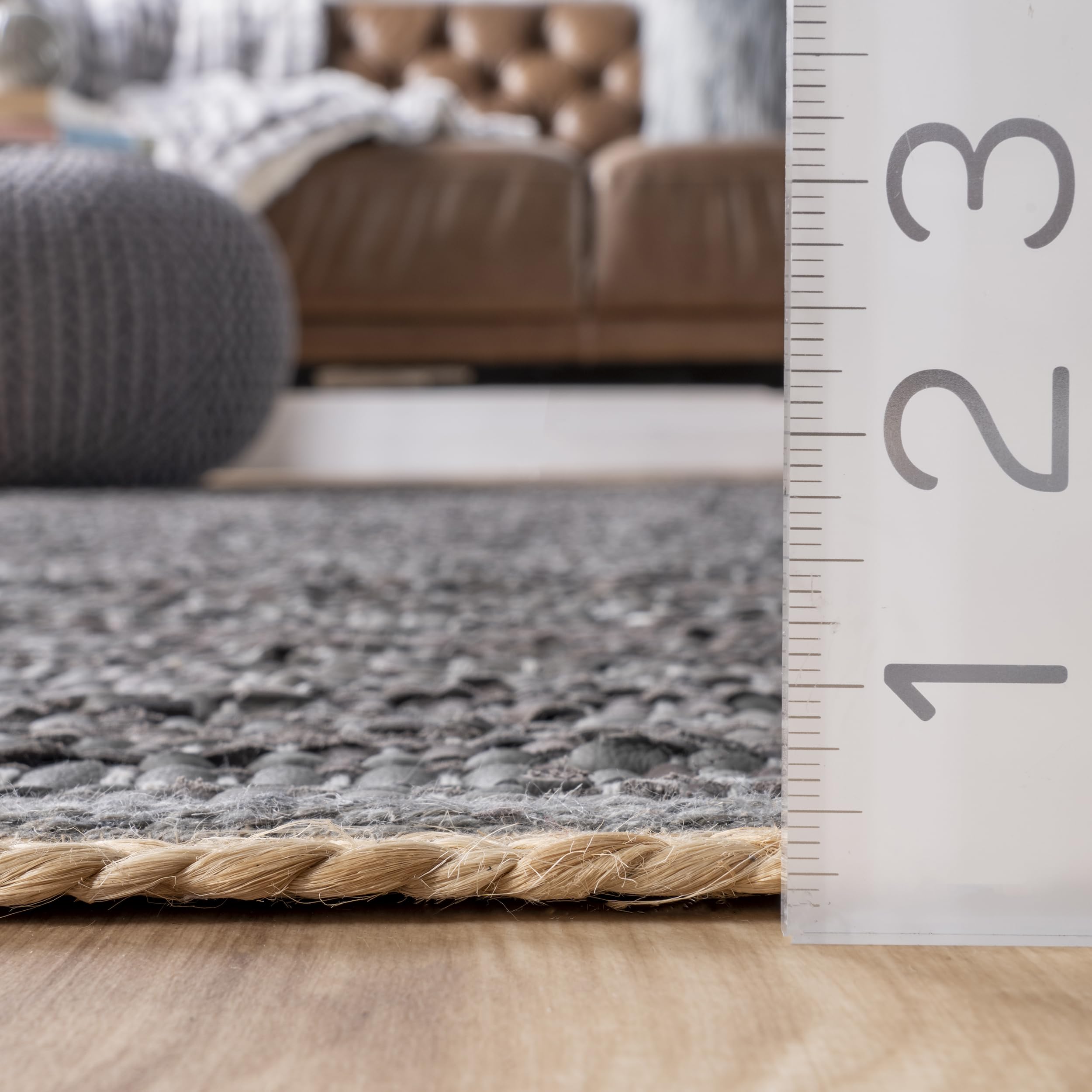 nuLOOM Sabby Hand Woven Leather Flatweave Area Rug 6x9 Feet - Soft Grey Bohemian Style Rug for Living Room, Bedroom & Home Decor