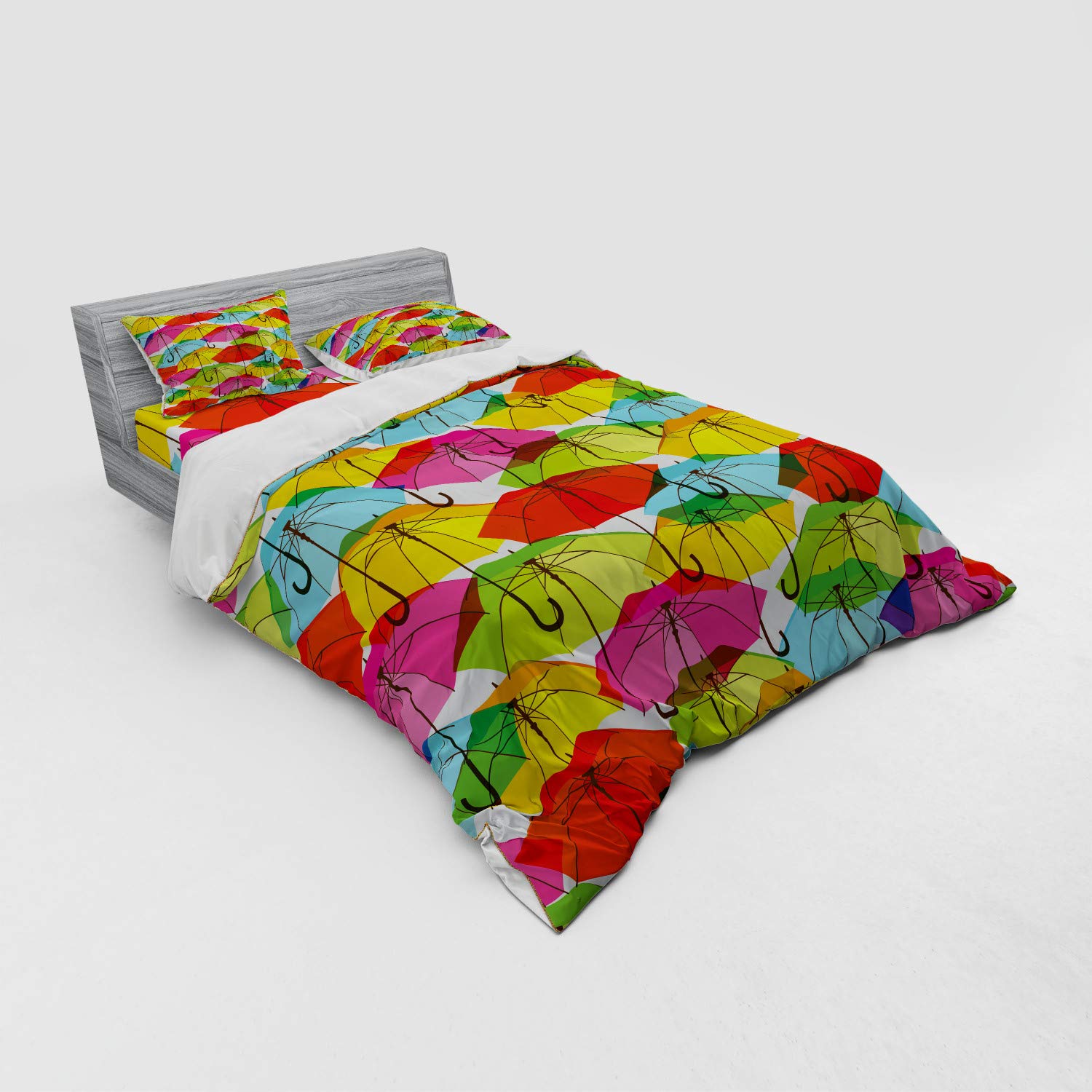 Ambesonne Modern 4-Piece Queen Bedding Set - Colorful Umbrella Print Duvet Cover with Shams & Fitted Sheet, Vibrant Abstract Rain Design, Soft Microfiber - Perfect for Contemporary Bedrooms & Guest Rooms