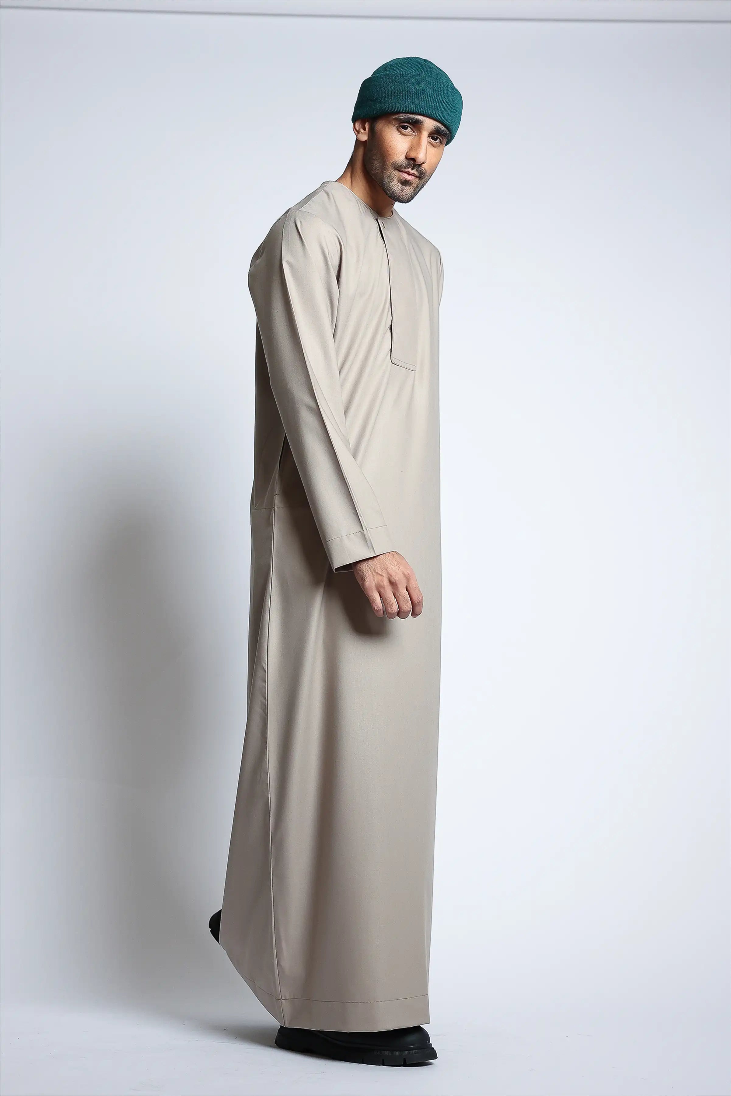 Light Almond Piping Thobe for Men - Traditional Islamic Jilbab with Embroidery - Perfect for Eid, Ramadan & Special Occasions