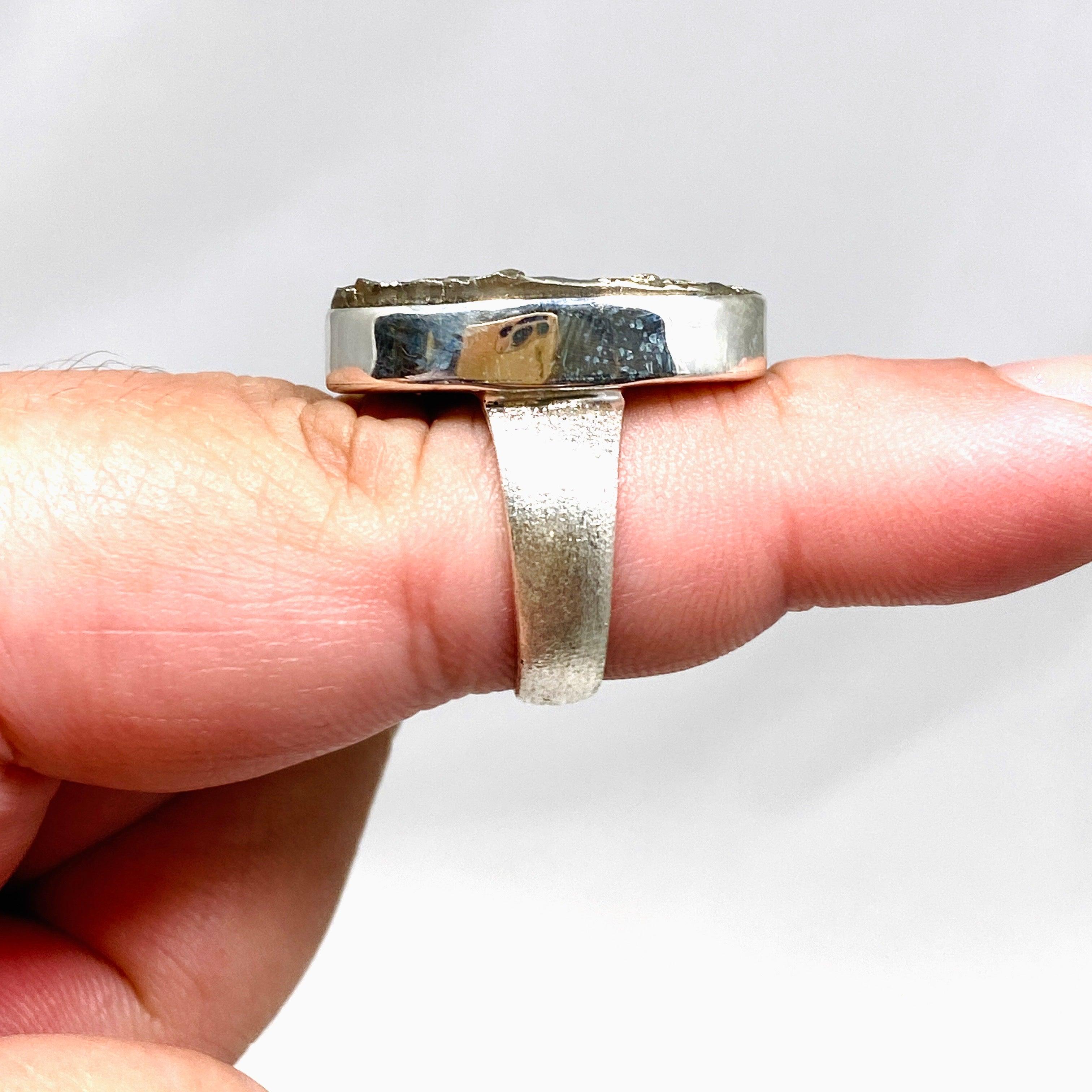 Natural Pyrite Raw Stone Oval Ring with Brushed Silver Band - Size 8 - KRGJ3193 - Perfect for Boho Jewelry, Spiritual Healing & Everyday Fashion Accessories