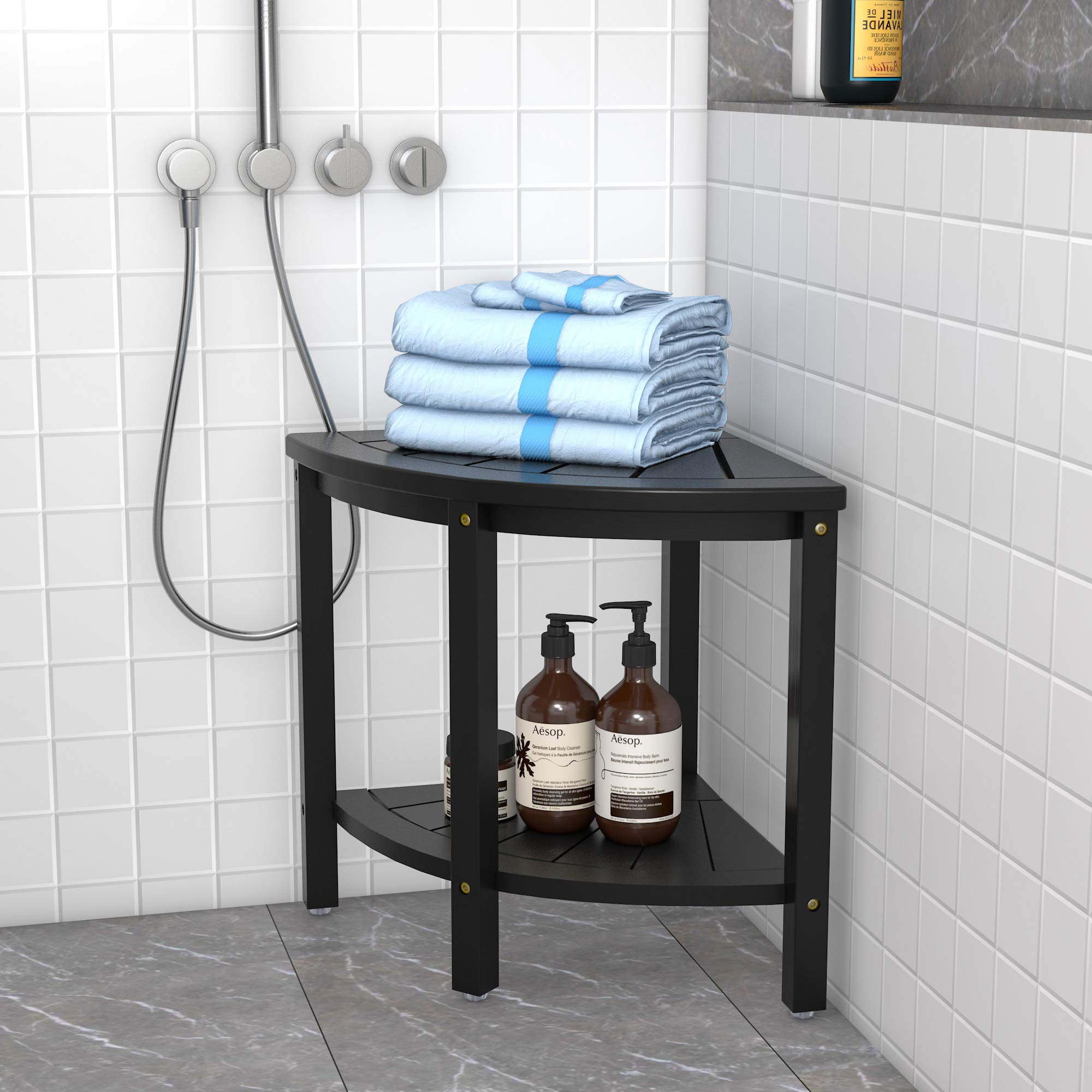 Premium Bamboo Shower Stool with Storage Shelf - Waterproof Bath Seat Bench for Shaving Legs, Elderly & Spa Use - Perfect for Bathroom, Shower & Relaxation